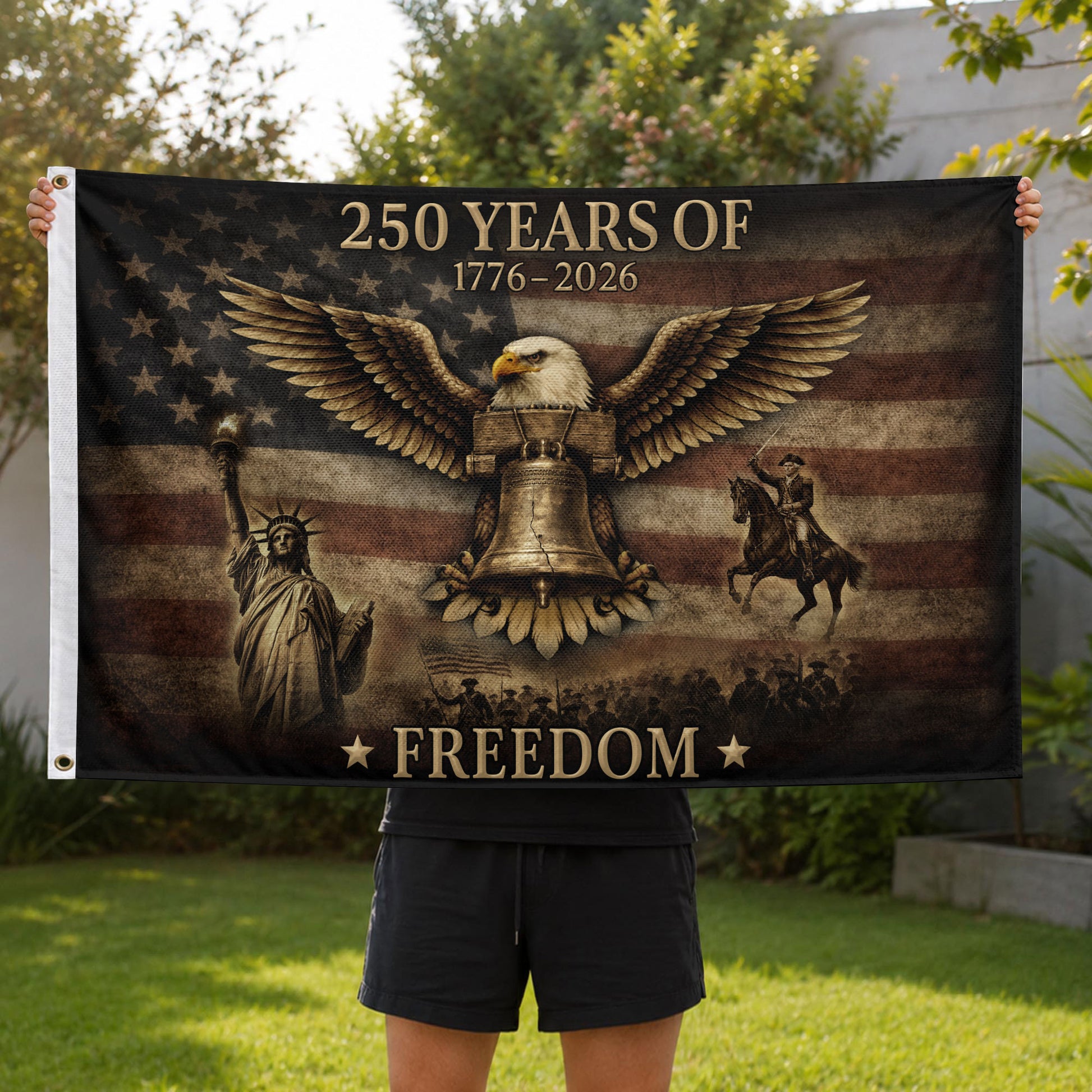 USA 250th Anniversary Flag 250 Years of Freedom 1776-2026 American Eagle Liberty Bell Patriotic - Rust Field Wear