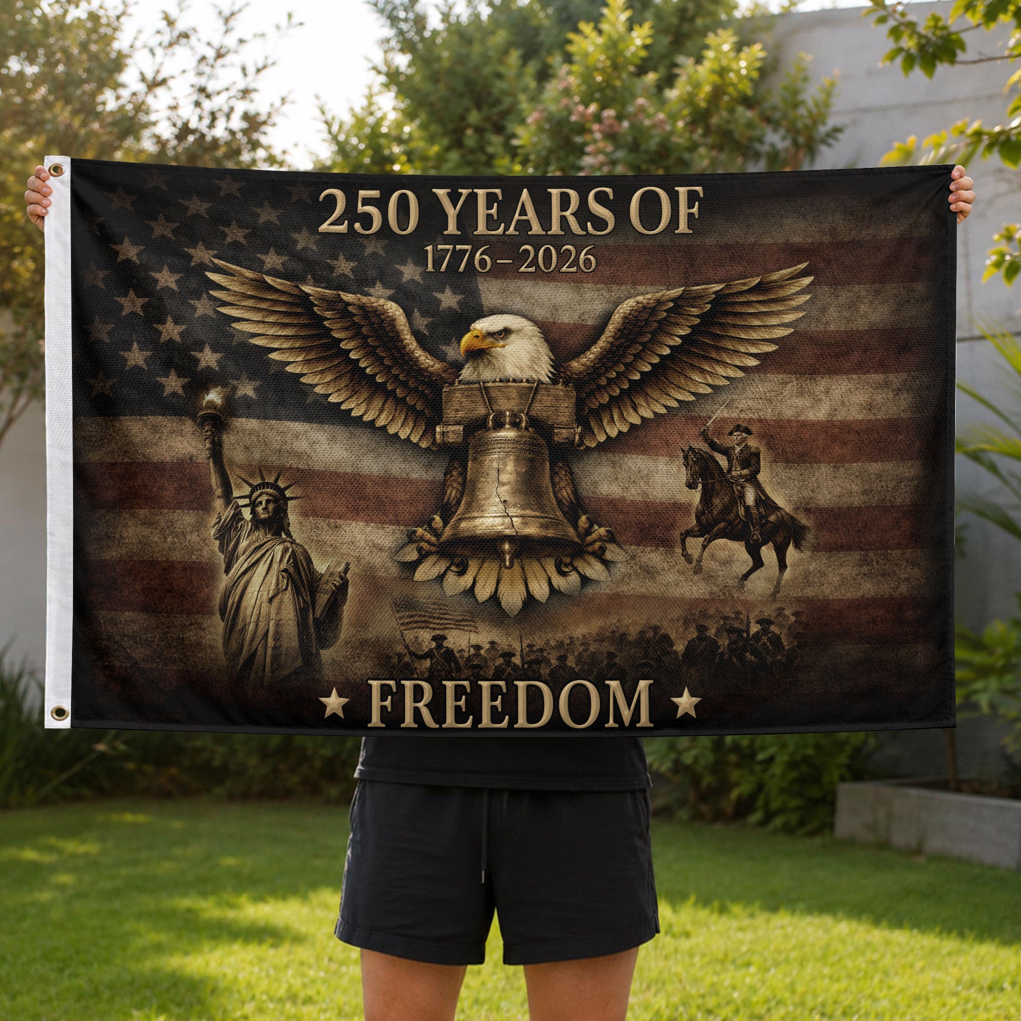 USA 250th Anniversary Flag 250 Years of Freedom 1776-2026 American Eagle Liberty Bell Patriotic - Rust Field Wear