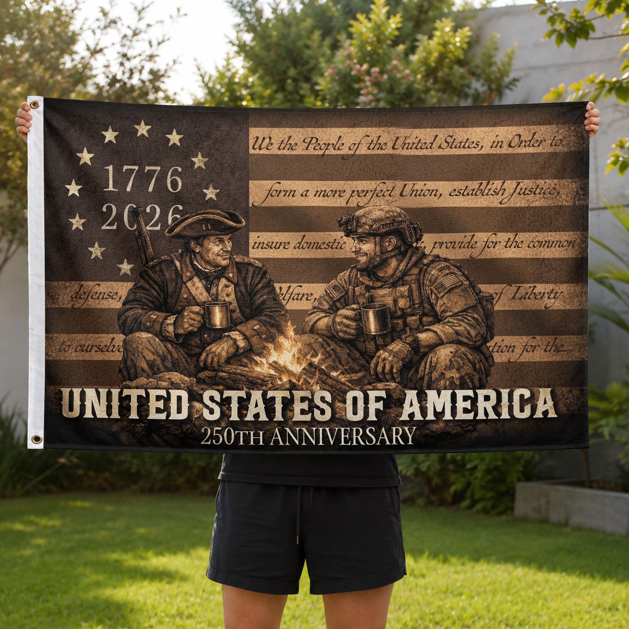 United States of 250 Years America Anniversary Flag 1776-2026 Patriotic Past Present Then and Now Soldiers Design