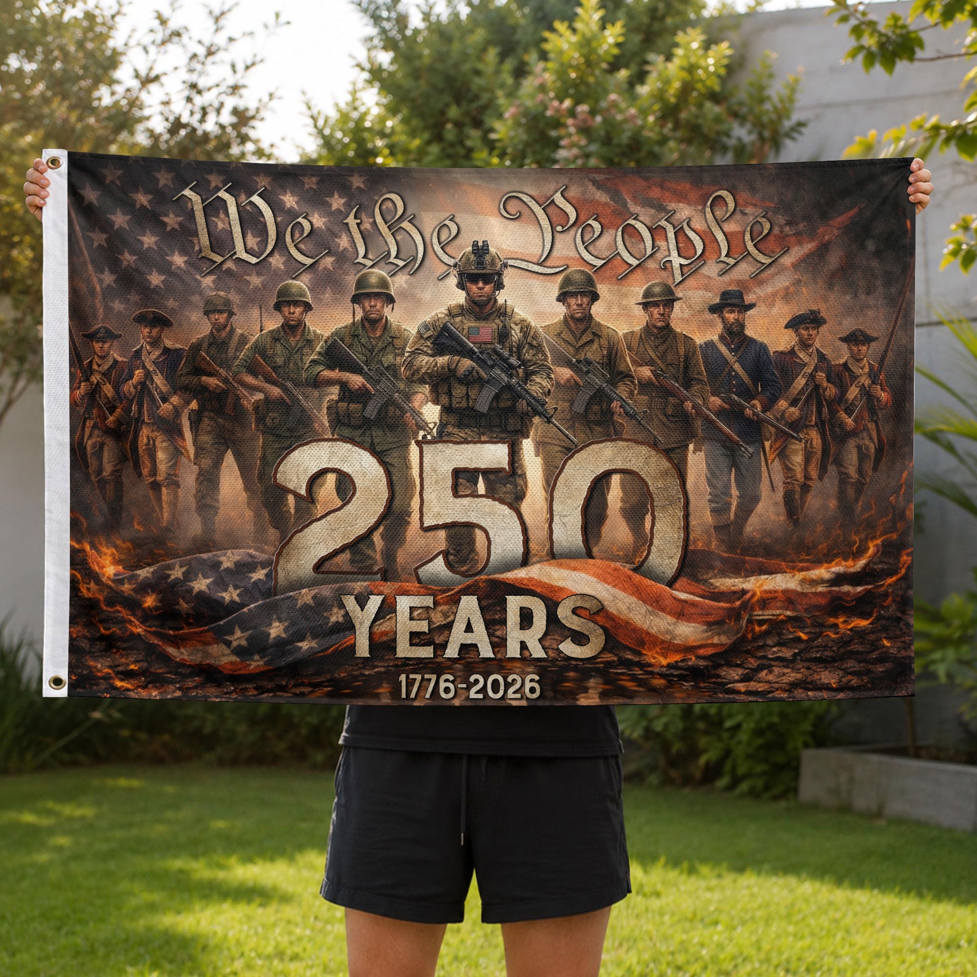 American 250th Anniversary Flag 250 Years 1776-2026 We The People Patriotic Past Present Soldiers