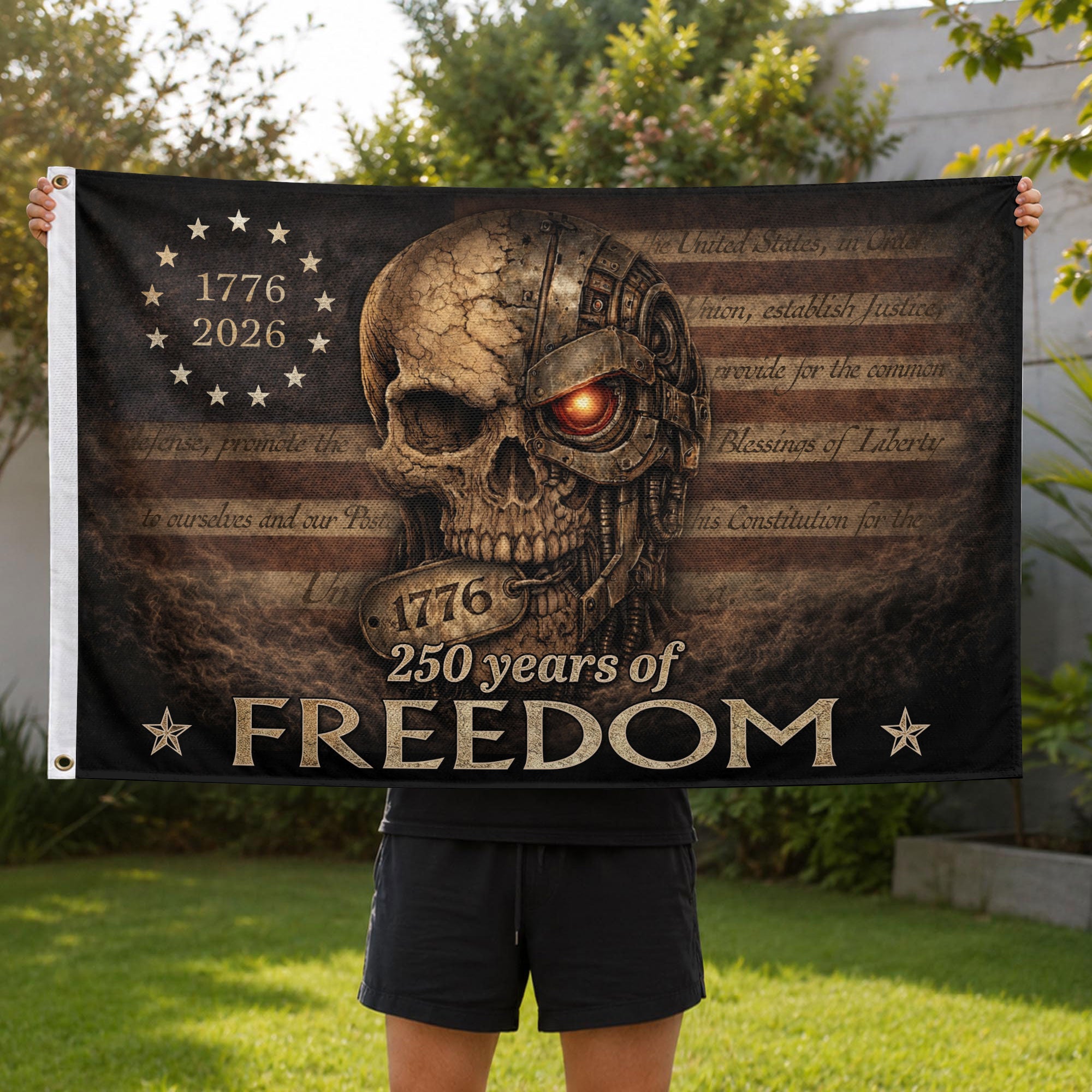 United States of 250 Years America Anniversary Flag 1776-2026 Mechanical Metal Cyber Skull Patriotic Flag