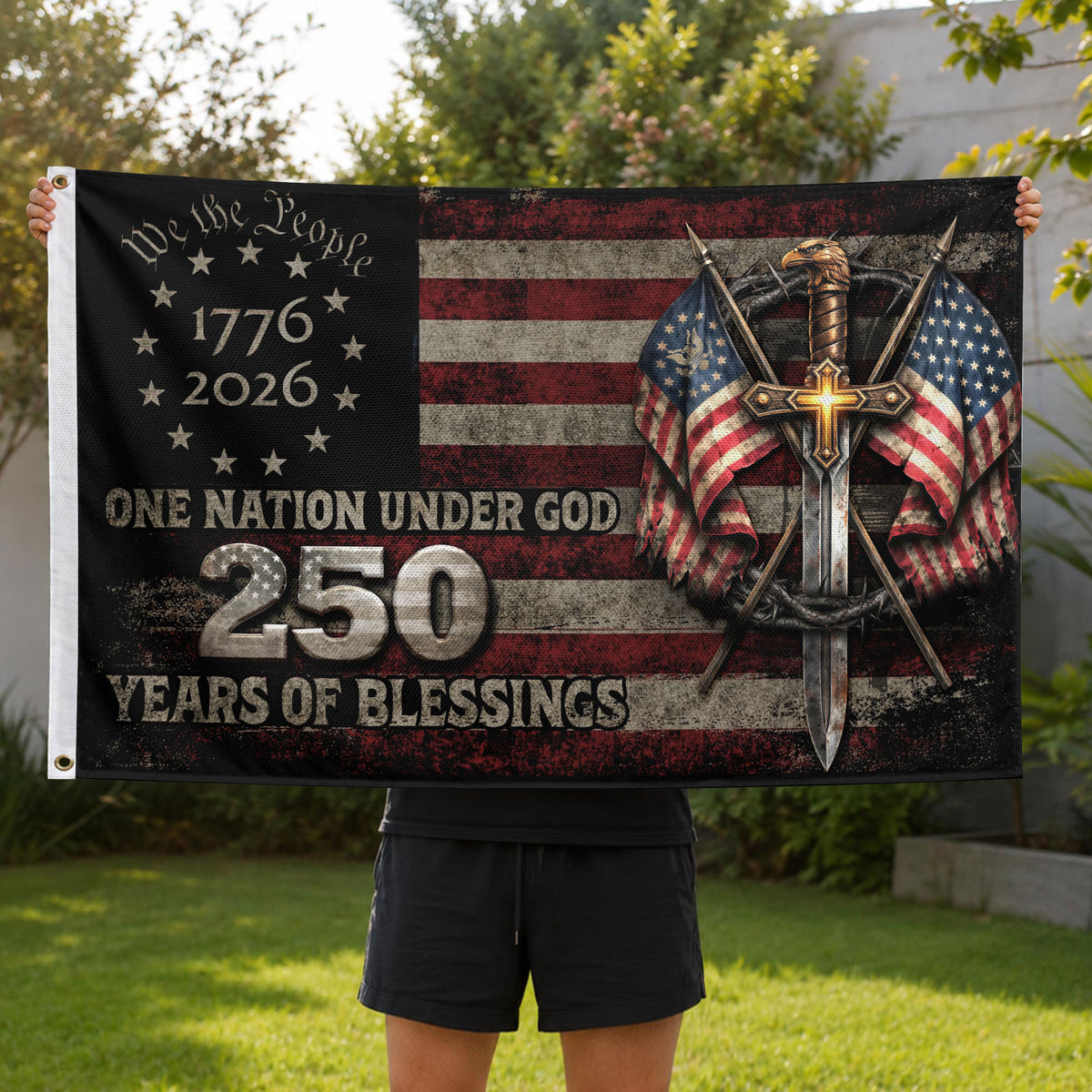 250 Years America Anniversary Flag 1776–2026 Christian Patriotic Decor - Rust Field Wear