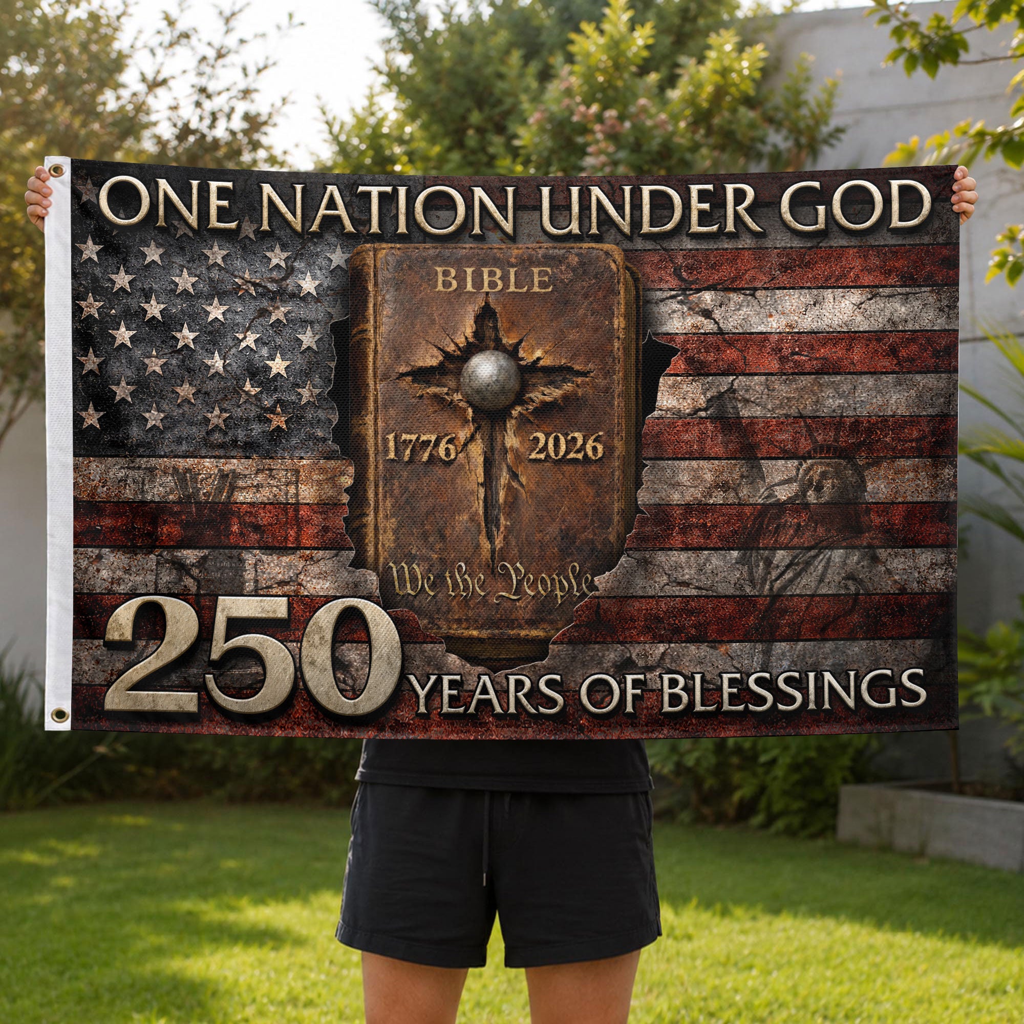 Patriotic USA 250th Celebration Christian Flag Faith Inspired Decor