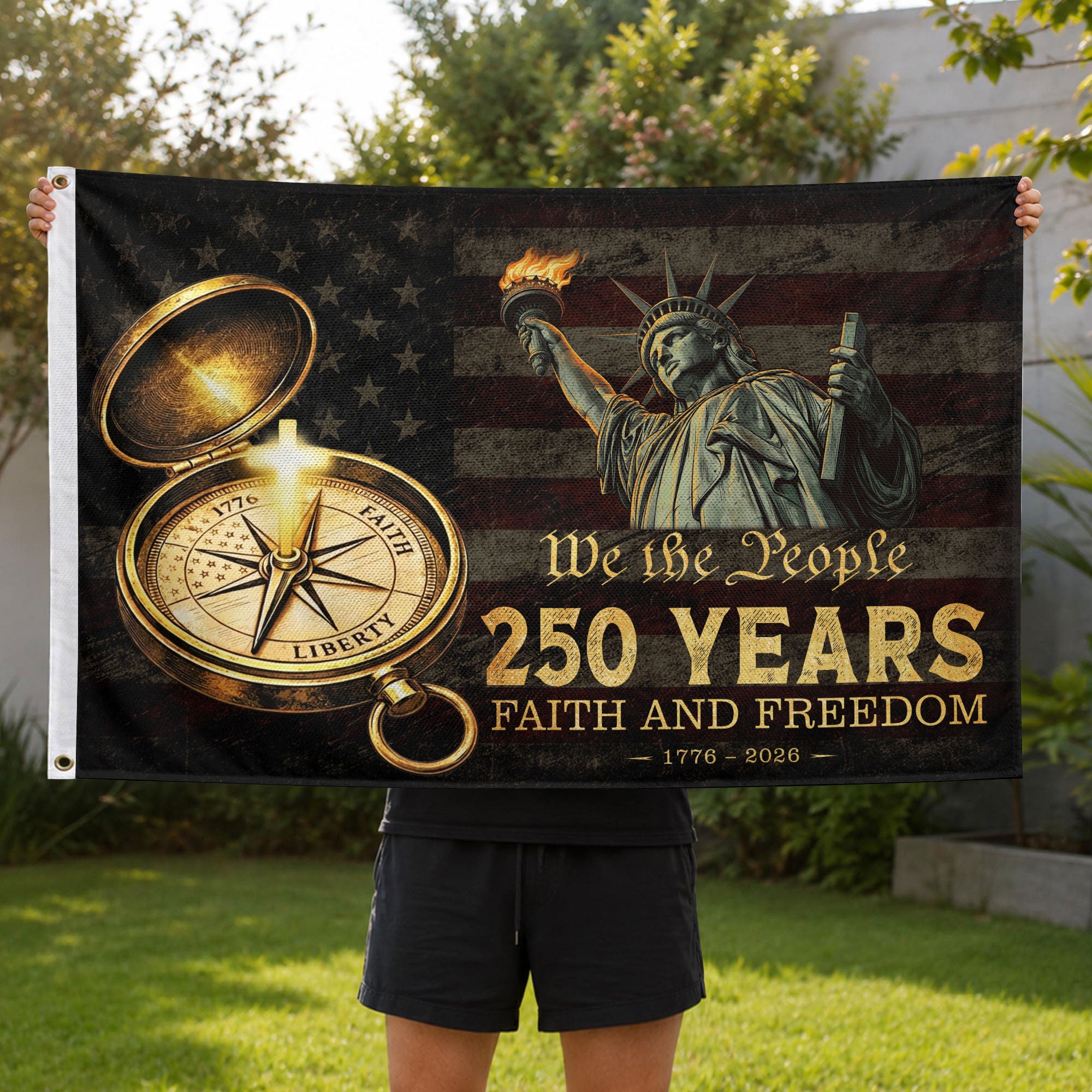 We The People 250 Years Cross Flag 1776–2026 – Faith and Freedom Christian Patriotic Outdoor Flag - Rust Field Wear