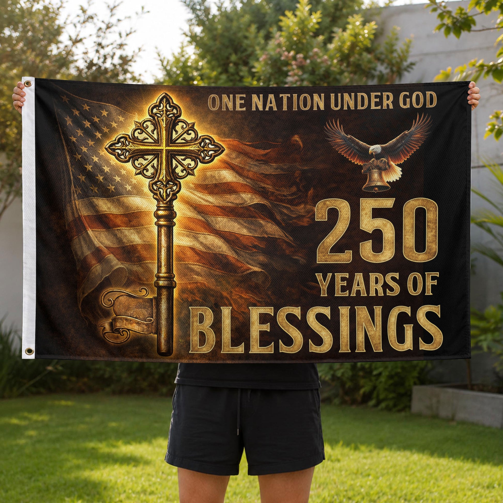 USA 250 Years of Faith Cross Flag – One Nation Under God Christian Outdoor Celebration Flag 1776–2026 - Rust Field Wear