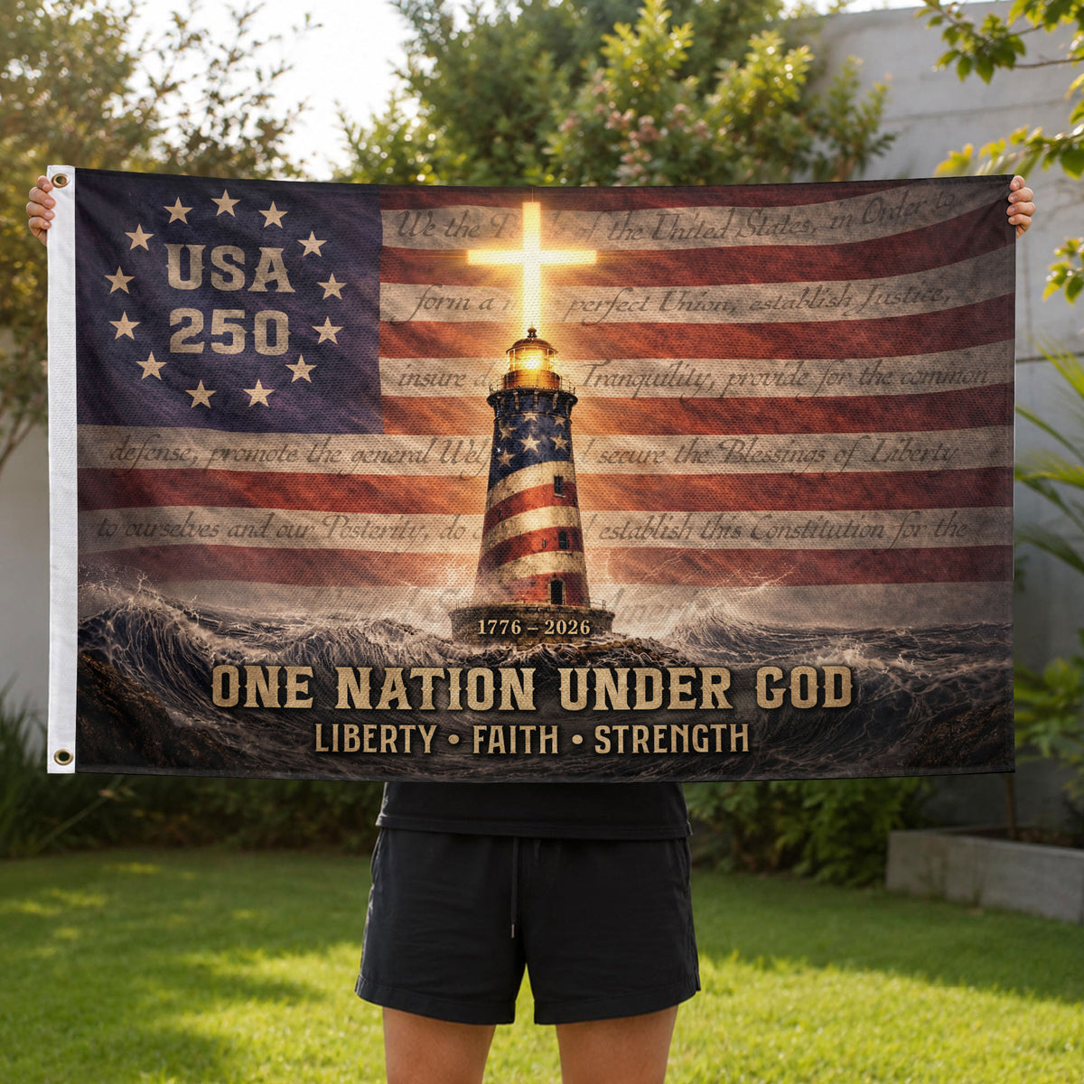 USA 250 Lighthouse Cross Flag – One Nation Under God Christian Patriotic Outdoor Flag 1776–2026 - Rust Field Wear