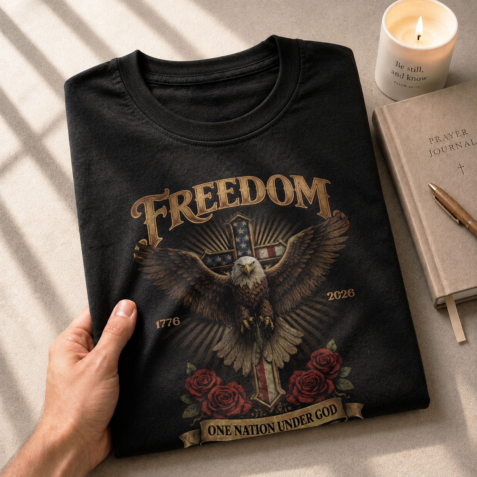 250 Years America Freedom Eagle and Christian Cross T Shirt - One Nation Under God Tee - Rust Field Wear