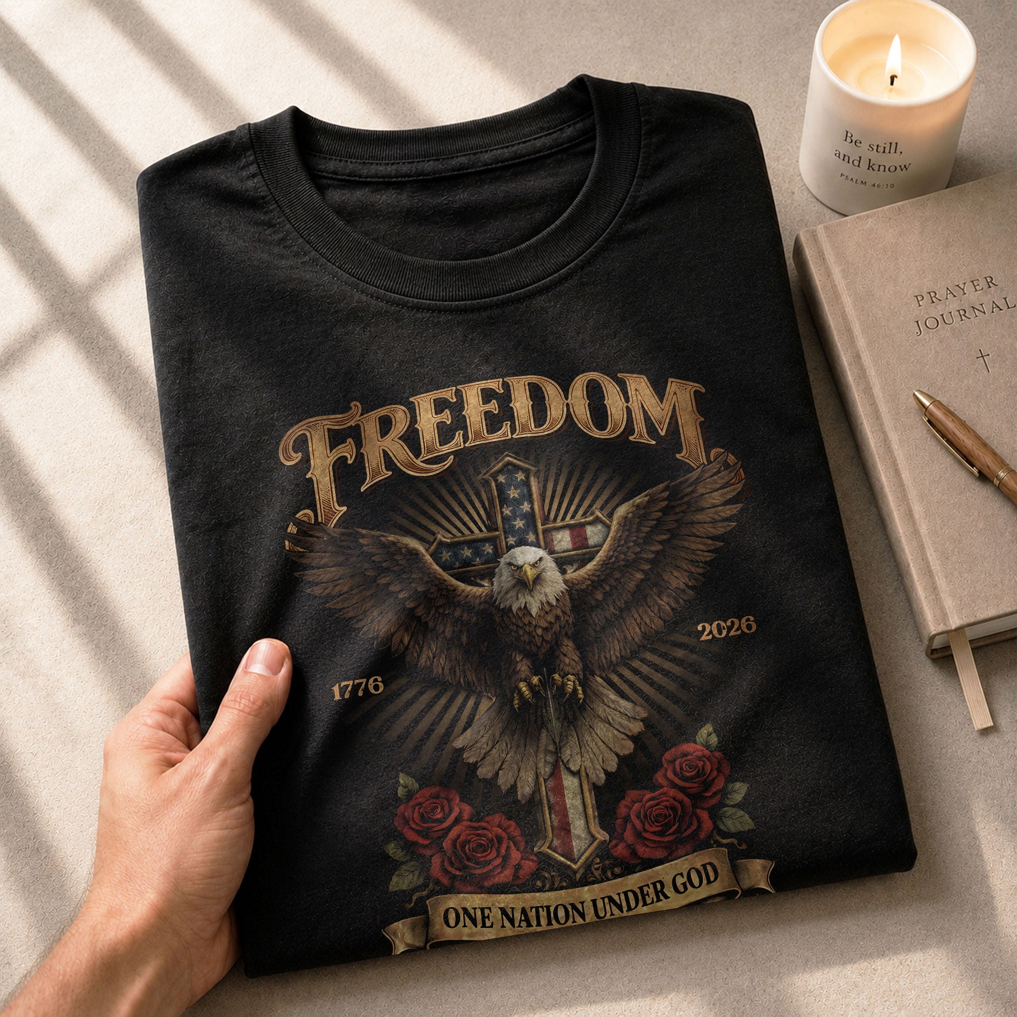 250 Years America Freedom Eagle and Christian Cross T Shirt - One Nation Under God Tee - Rust Field Wear
