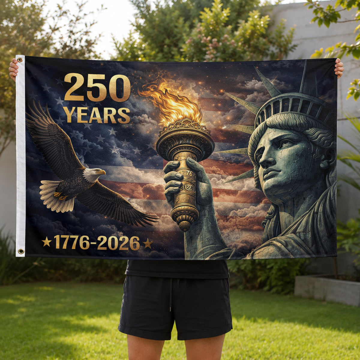 USA 250 Years Flag 1776–2026 – Statue of Liberty Torch & Eagle Patriotic Anniversary Flag - Rust Field Wear