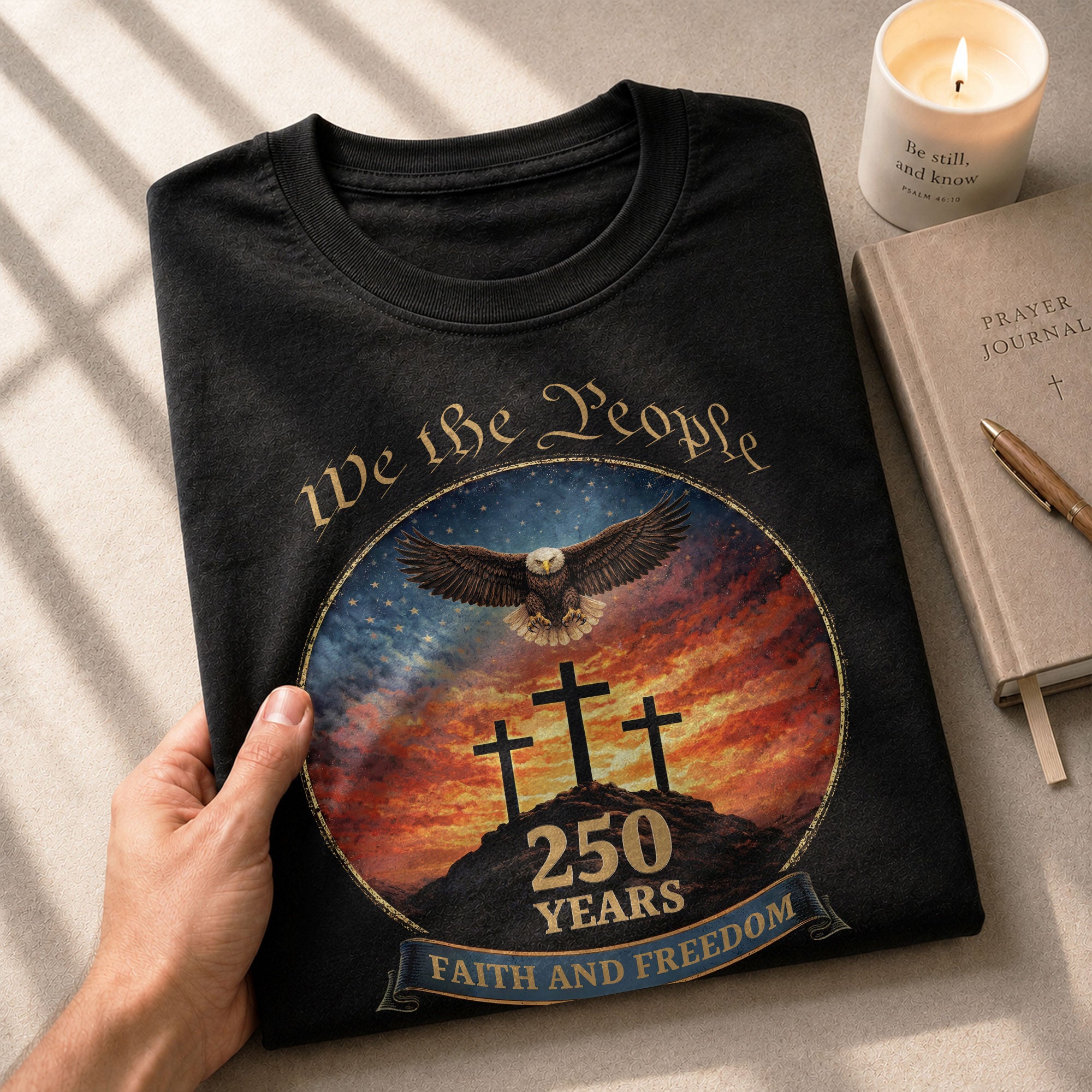 We the People 250th Anniversary T-Shirt - Christian American Patriot Eagle Soaring Over Three Crosses Design - Rust Field Wear