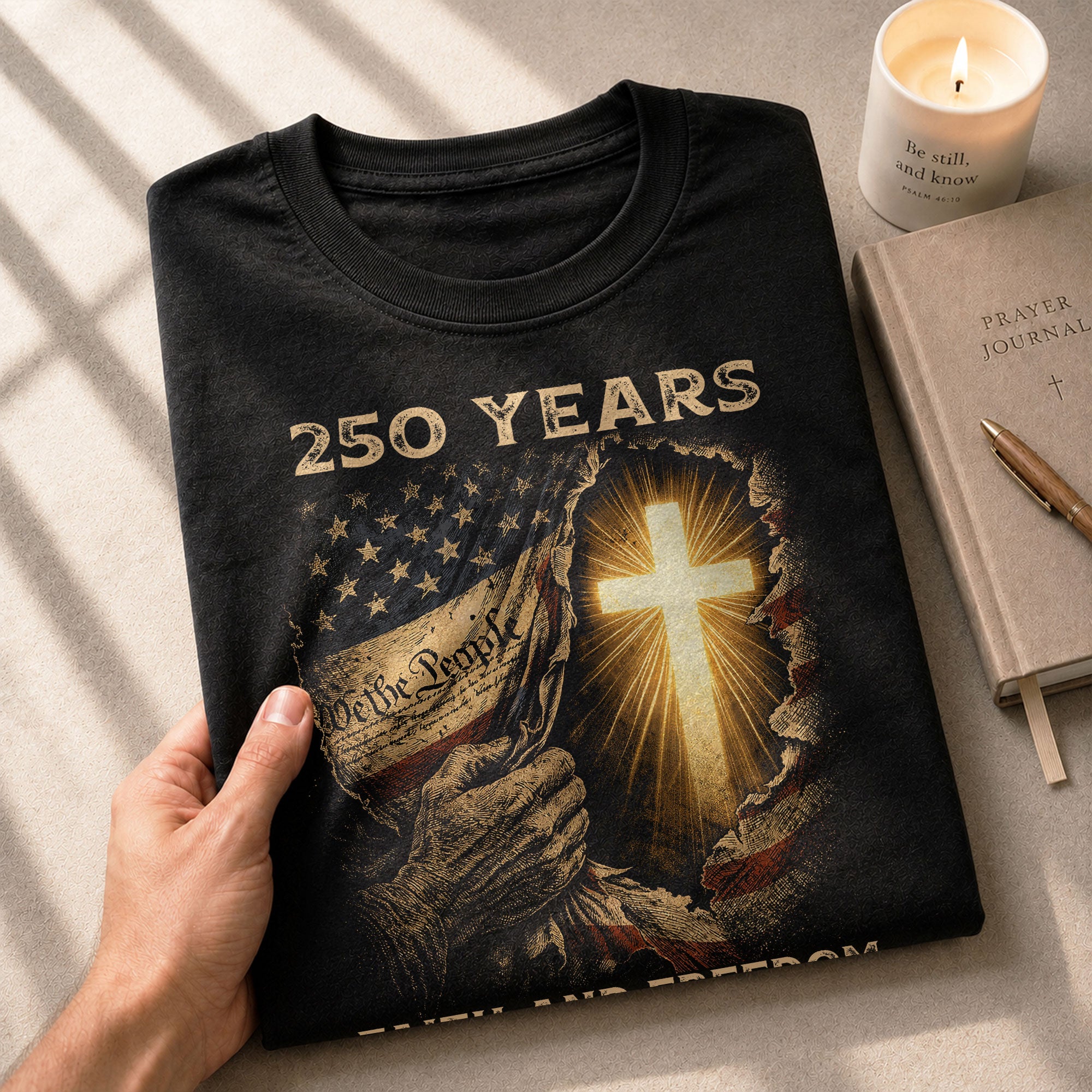250th Anniversary Patriotic Shirt - Faith and Freedom Glowing Cross Christian Design - Rust Field Wear
