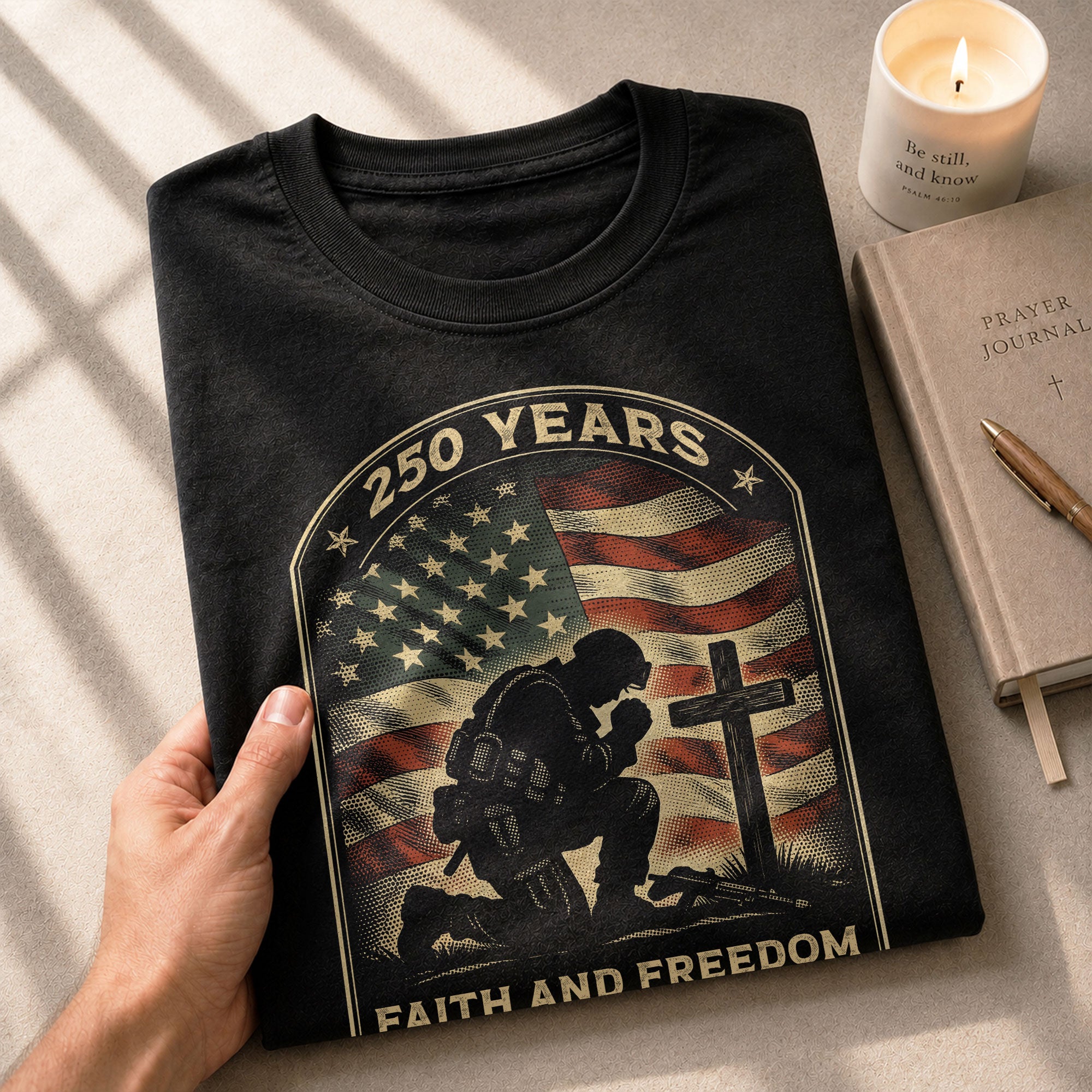 Faith and Freedom 250 Years 250th Anniversary Patriotic T-Shirt - Kneeling Soldier Prayer & American Flag Graphic Tee - Rust Field Wear
