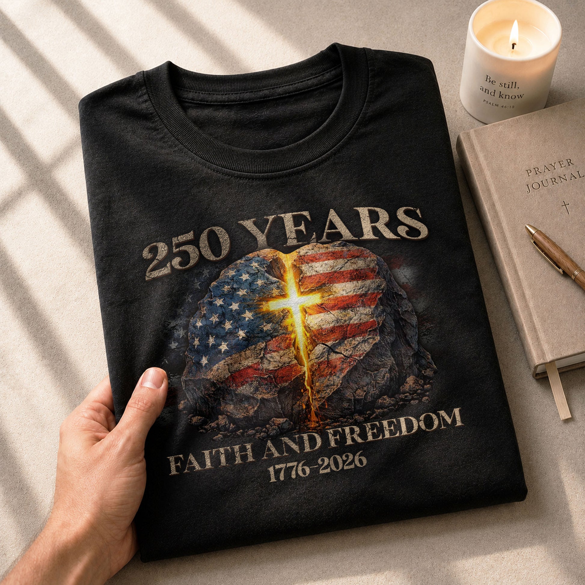 Faith and Freedom 250 Years T-Shirt - Glowing Cross & American Flag Rock Graphic Tee - Rust Field Wear