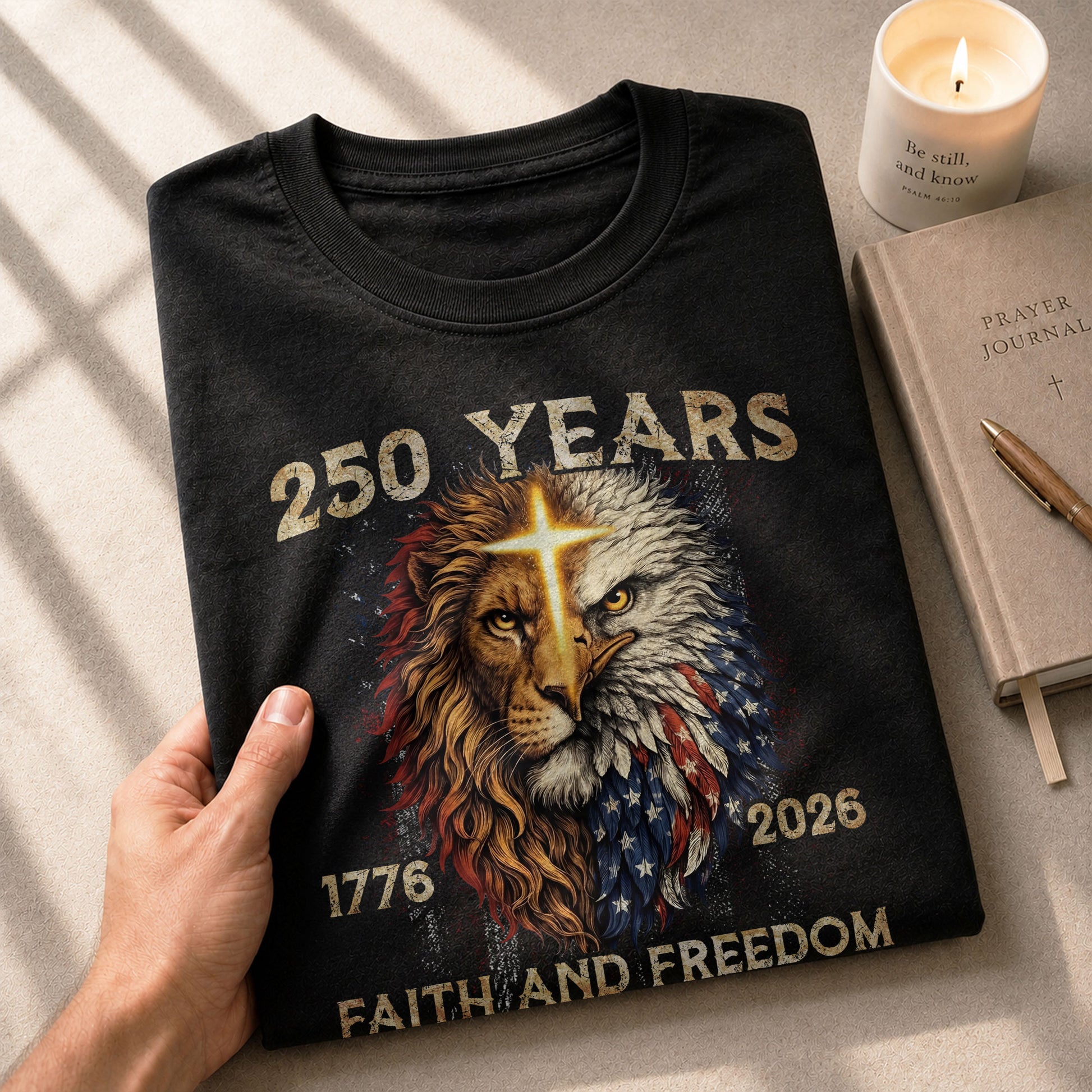 250 Years of Faith and Freedom Shirt - Lion and Eagle Cross Patriotic Strength Statement Graphic Tee - Rust Field Wear