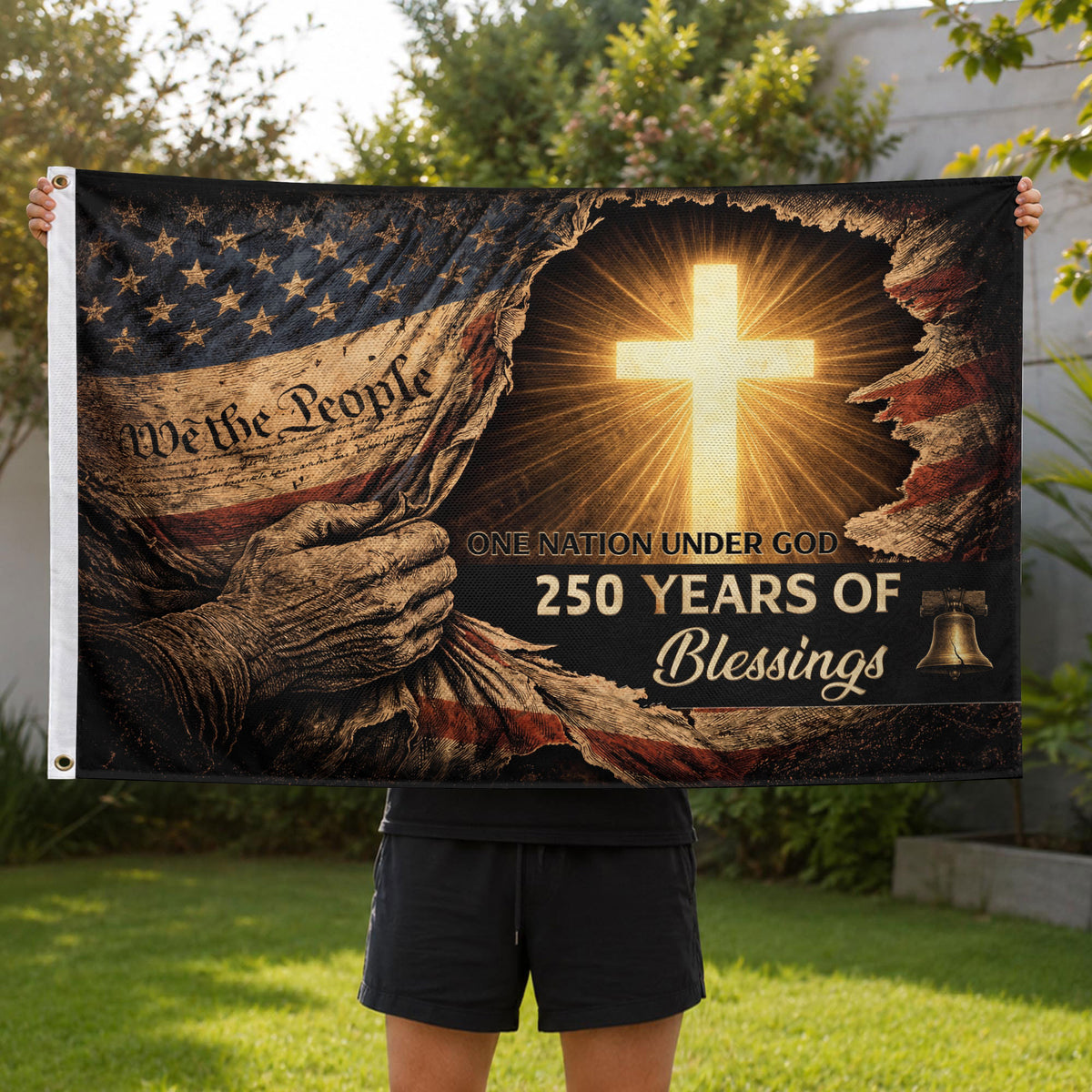 250 Years of Blessings Flag - Christian American One Nation Under God Patriot & US Flag Banner Heritage - Rust Field Wear