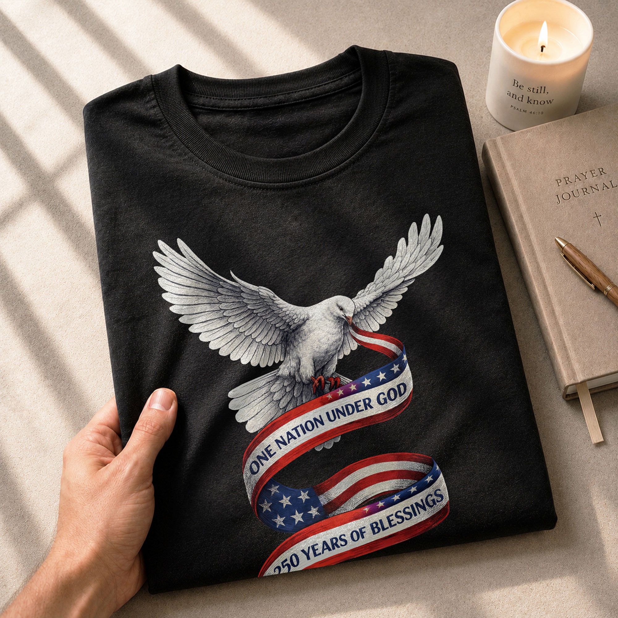 250 Years of Blessings One Nation Under God T-Shirt - Peace Dove Patriotic Graphic Tee - Rust Field Wear