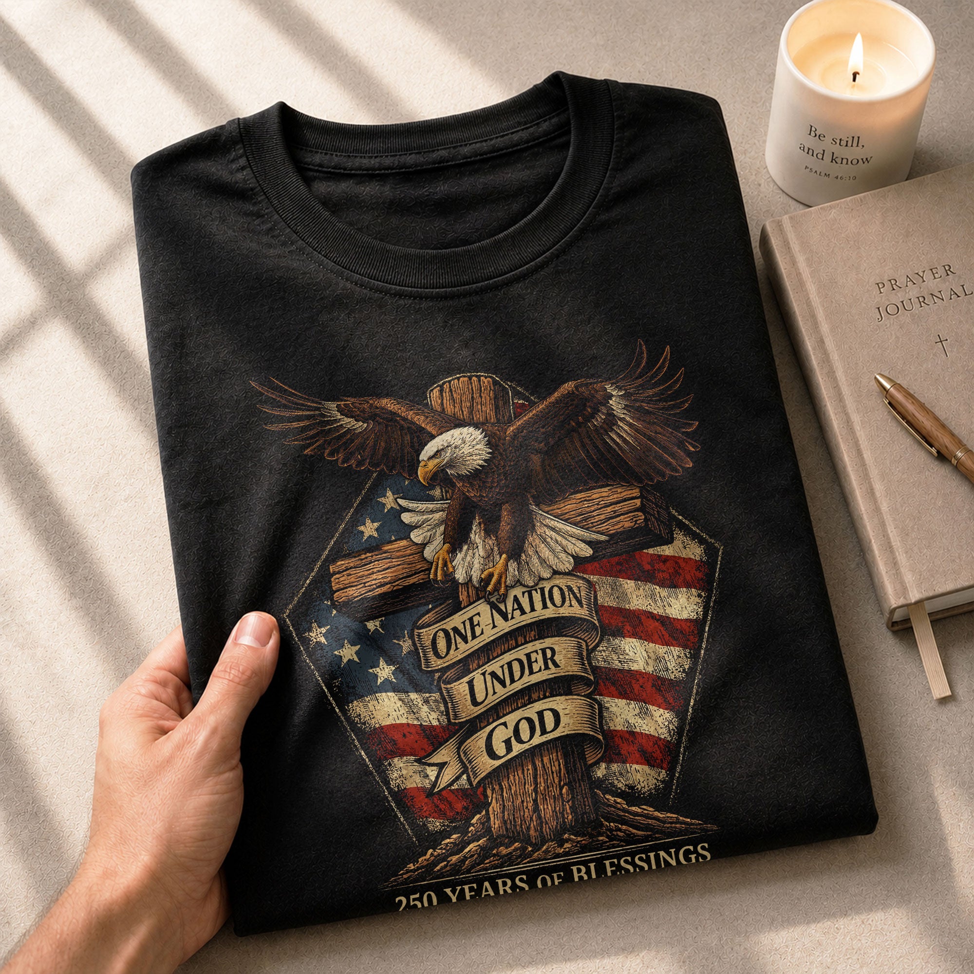 American Faith 250 Years of Blessings T-Shirt - One Nation Under God Eagle & Cross Design - Rust Field Wear