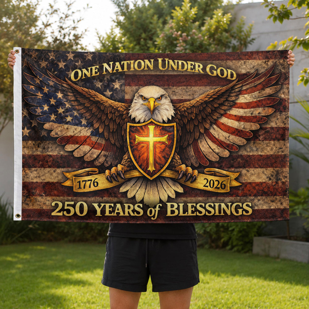 250 Years America Anniversary Eagle Flag - One Nation Under God 250 Years Banner, Double Sided 1776-2026 Flag - Rust Field Wear