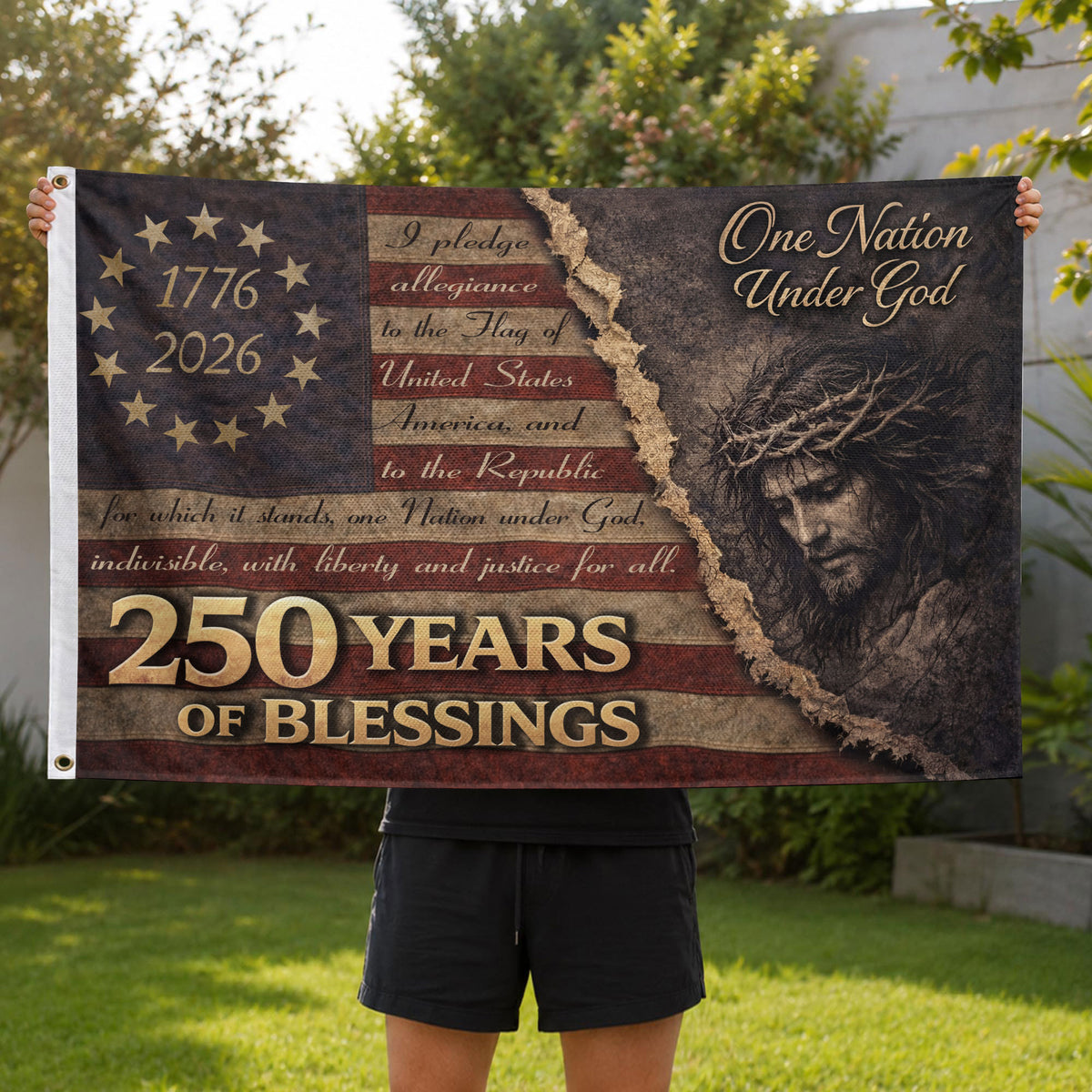 250 Years of Blessings American Flag - Christian Patriotic One Nation Under God Design, Double Sided Flag - Rust Field Wear