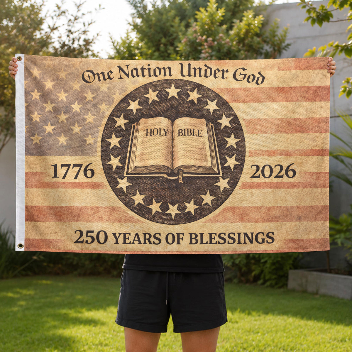 One Nation Under God America Christian Patriotic 250th Anniversary Flag - 250 Years of Blessings Holy Bible & Cross Banner, 1776-2026 Patriotic Double Sided Flag - Rust Field Wear