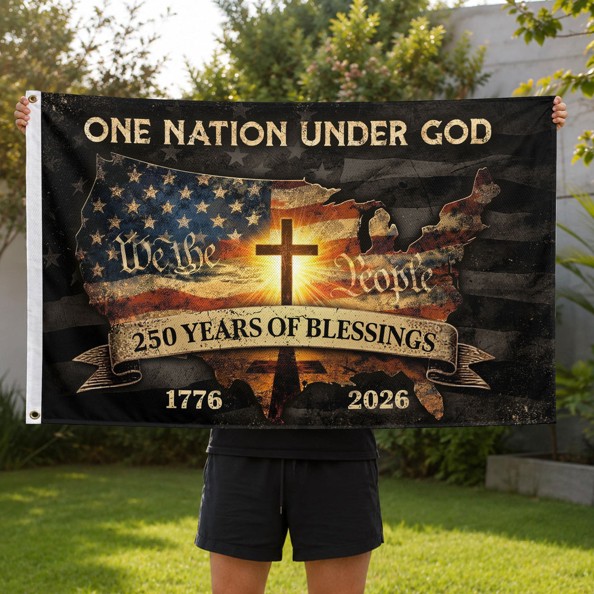 Christian Patriotic One Nation Under God USA 250th Birthday Flag - Rust Field Wear