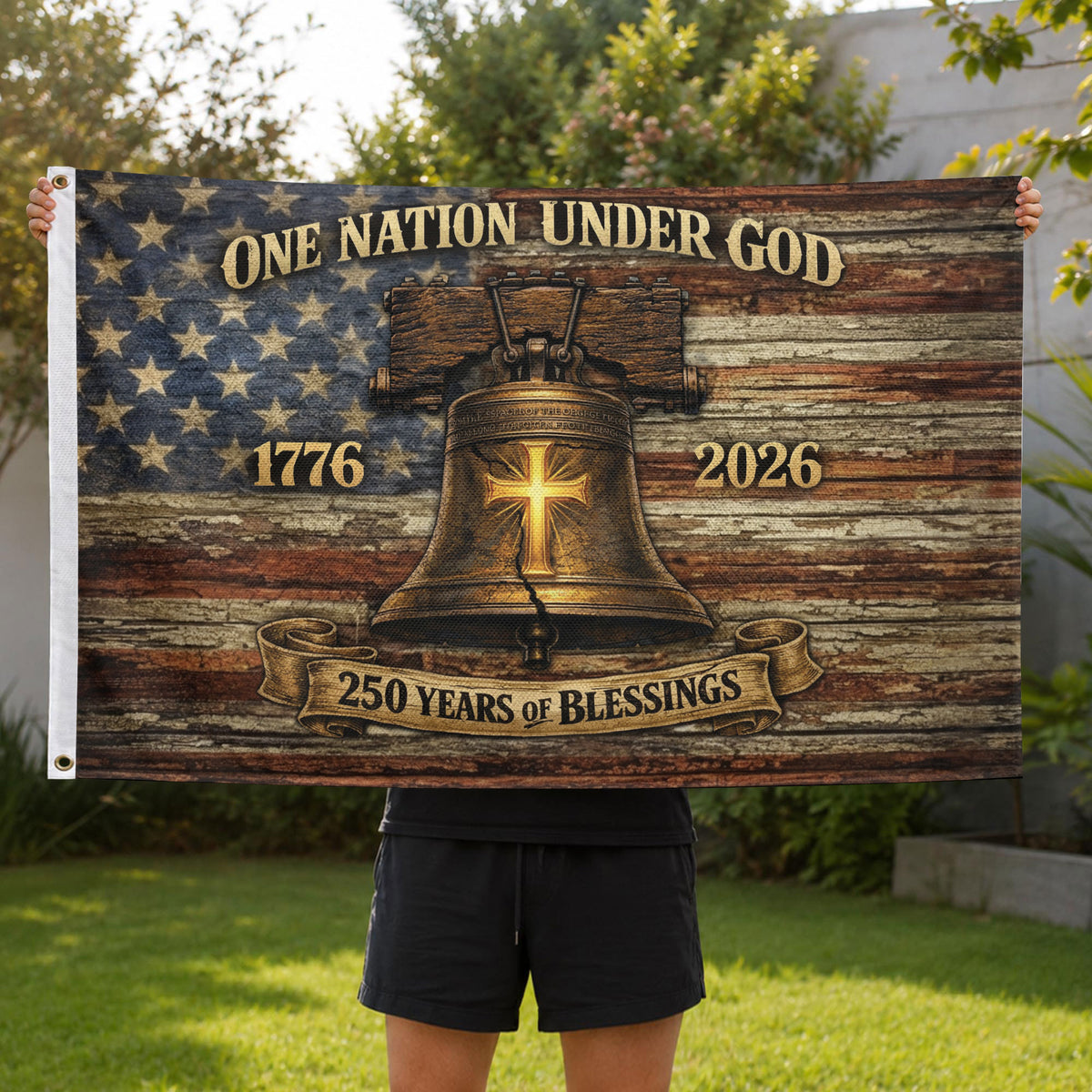 One Nation Under God America 250th Anniversary Flag - 250 Years of Blessings Liberty Bell & Cross Design, 1776-2026 Patriotic Double Sided Flag - Rust Field Wear