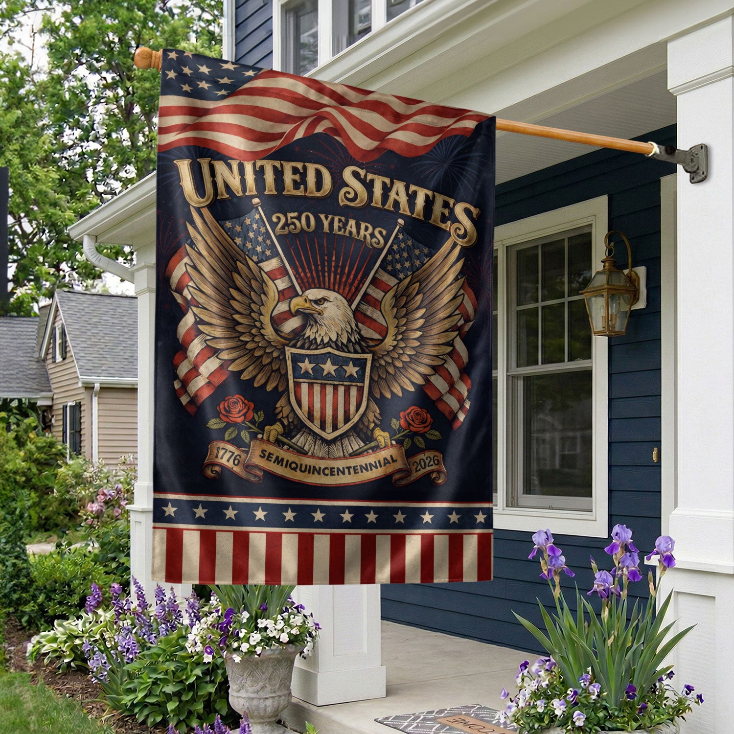 USA 250th Anniversary 1776–2026 House Flag – Patriotic Eagle & Roses Heritage Double Sided Yard Decor
