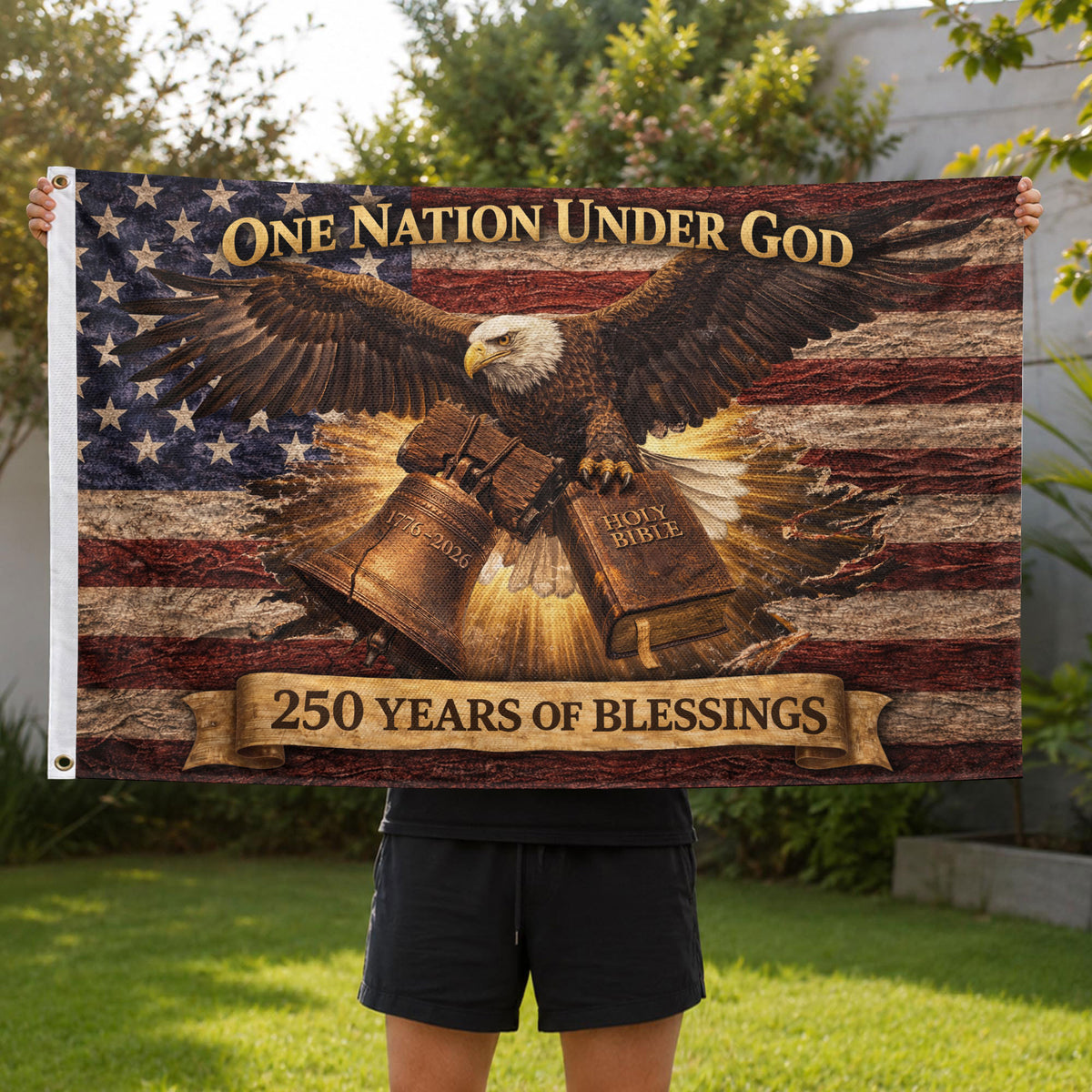 One Nation Under God 250 Years Flag (1776–2026) – Bald Eagle with Holy Bible Patriotic Christian Banner - Rust Field Wear