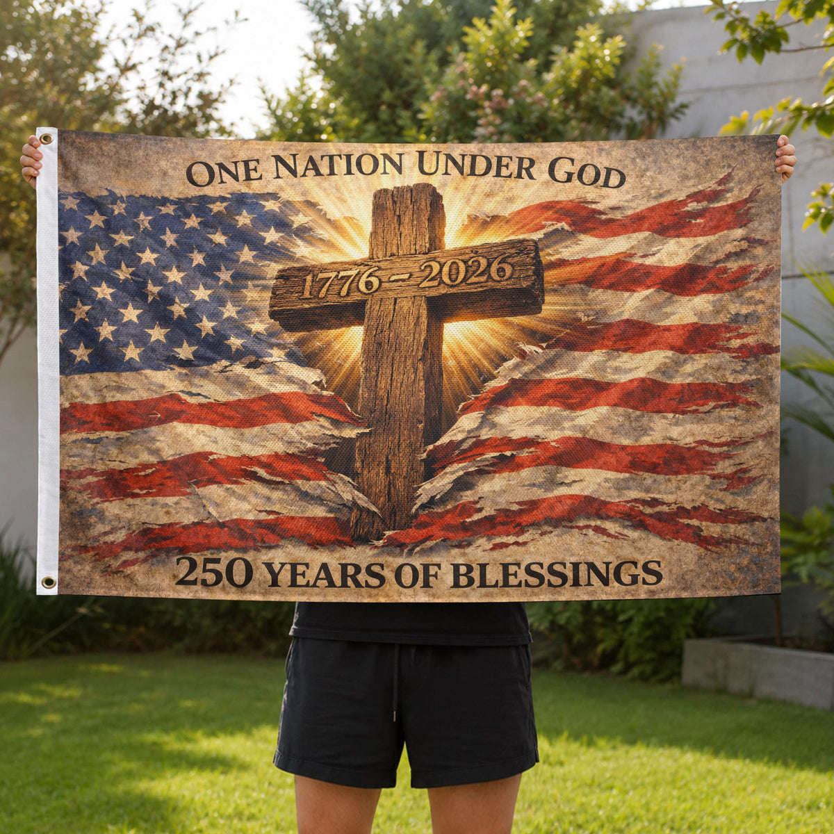 One Nation Under God 250th Anniversary Flag (1776–2026) – Cross and American Flag Christian Patriotic Banner - Rust Field Wear