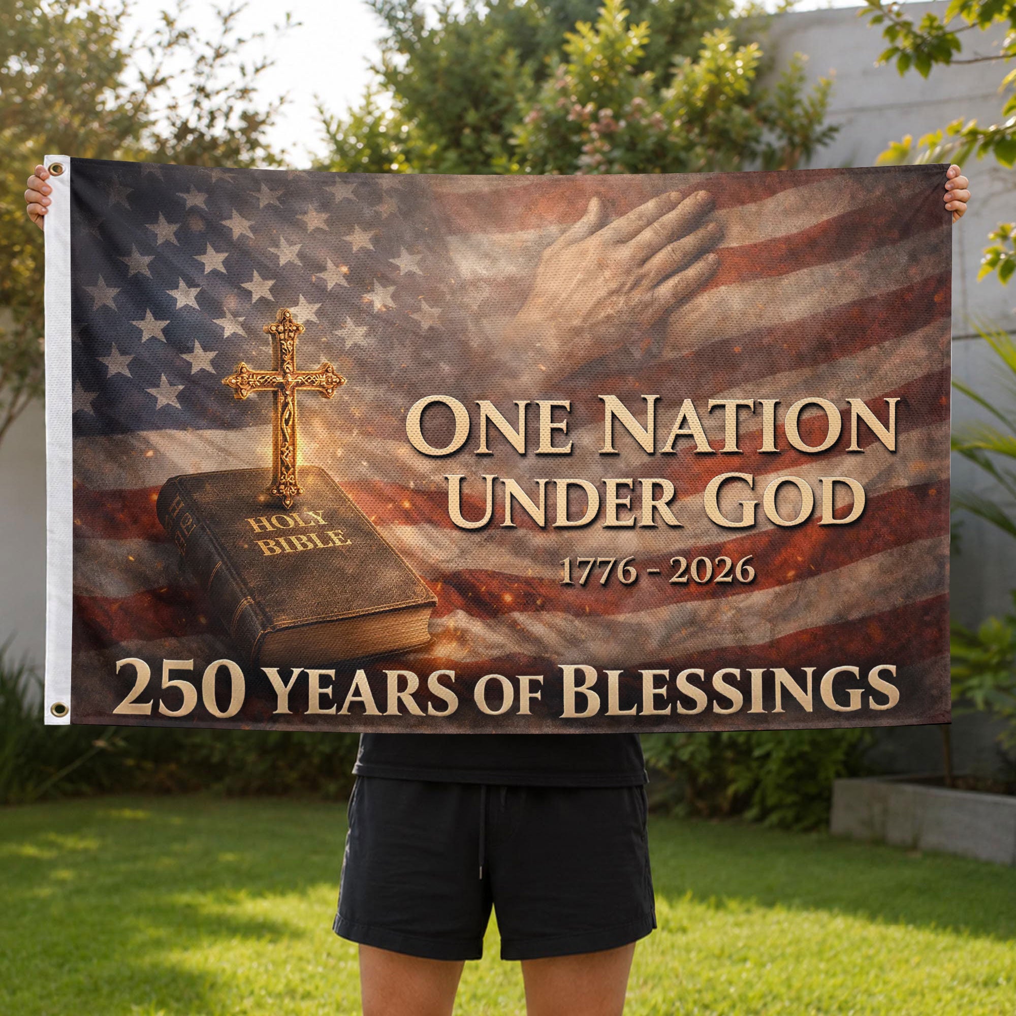 One Nation Under God 250th Anniversary 1776-2026 Patriotic Double Sided House Flag - 250 Years of Blessings Holy Bible & Cross Banner