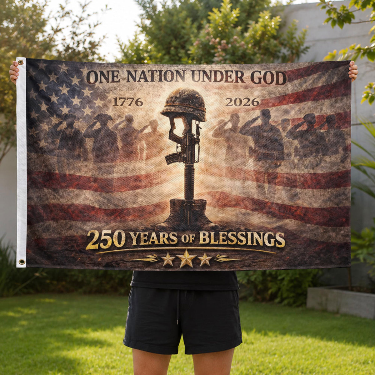 250 Years America Anniversary Military Flag, Double Sided House Banner - Fallen Soldier Battle Cross 1776-2026 - Rust Field Wear