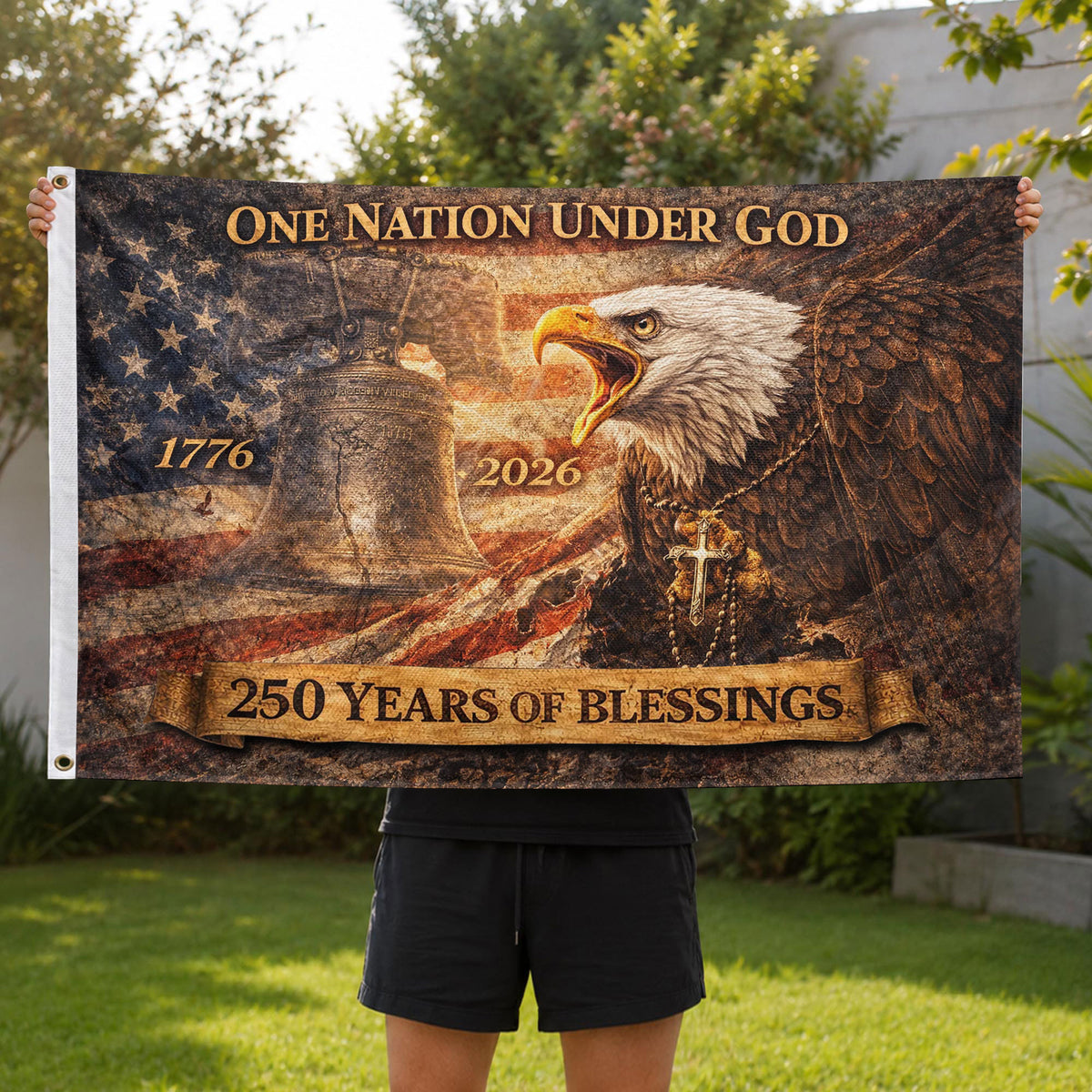 250 Years of Blessings USA Flag, Patriotic Eagle & Liberty Bell - 1776-2026 Double-Sided Banner - Rust Field Wear