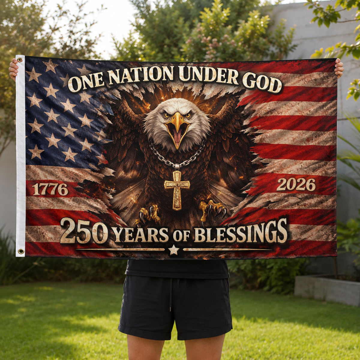 One Nation Under God 250th Anniversary Flag (1776–2026) – Bald Eagle and Cross Patriotic Christian Banner - Rust Field Wear