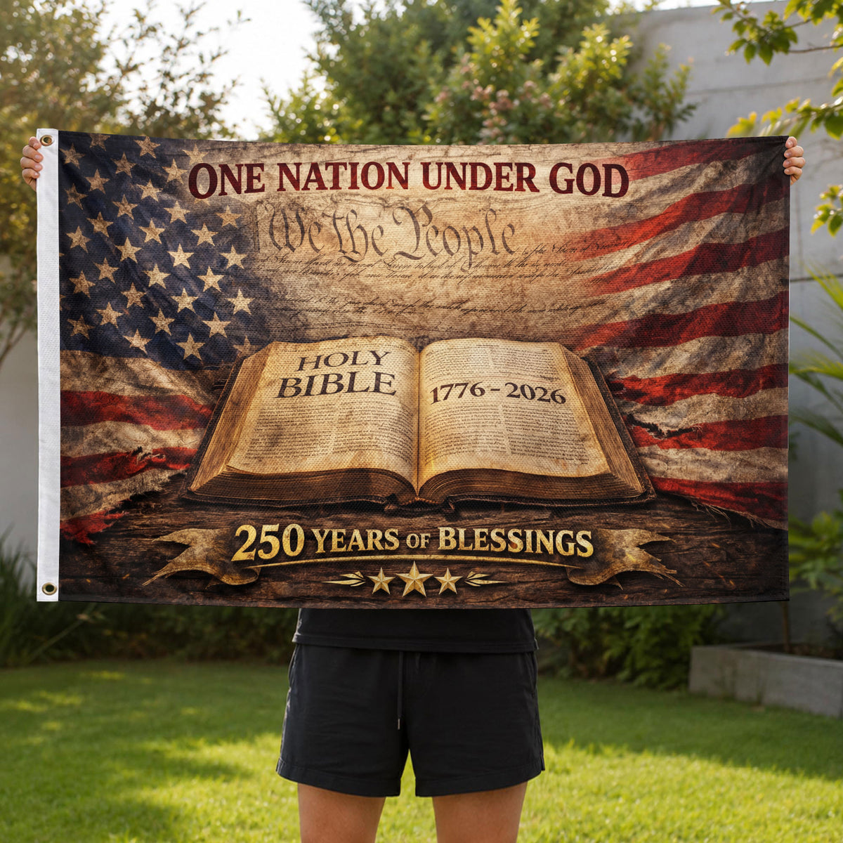 One Nation Under God 250th Anniversary Flag (1776–2026) – Holy Bible and We the People Patriotic Christian Banner - Rust Field Wear