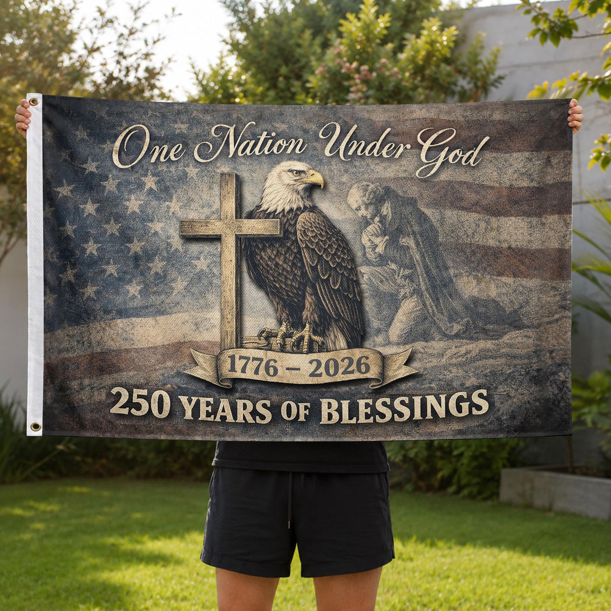 250th Anniversary Cross & Eagle, One Nation Under God 250 Years of Blessings USA Flag - Double Sided Premium House Flag - Rust Field Wear