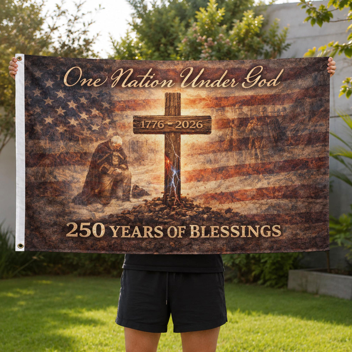 250 Years America Anniversary Flag, One Nation Under God 250 Years of Blessings Decor - Double Sided Faith & Patriotic House Banner - Rust Field Wear