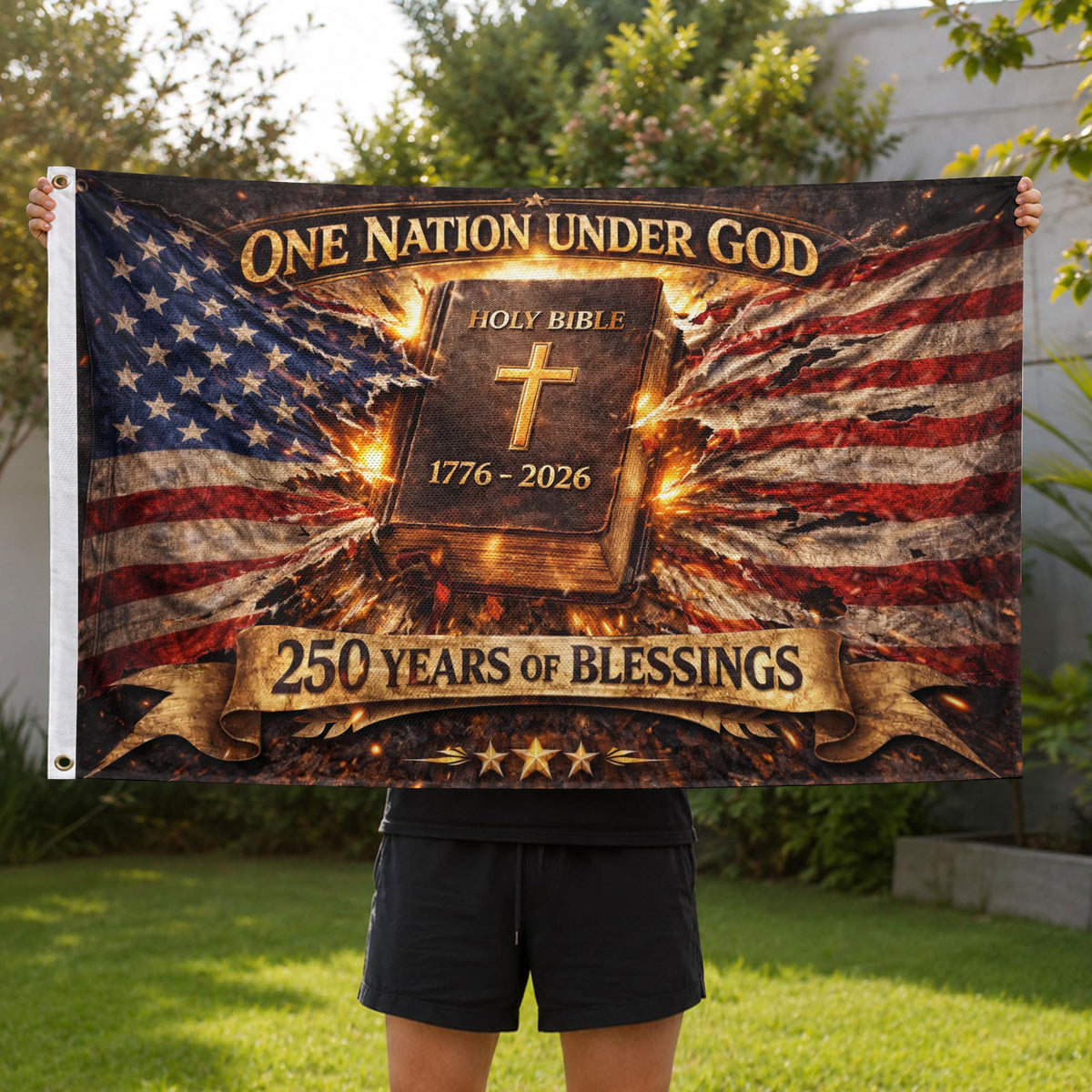 1776-2026 One Nation Under God 250th Anniversary Flag, 250 Years of Blessings & Holy Bible America - Double Sided Christian USA House Flag - Rust Field Wear