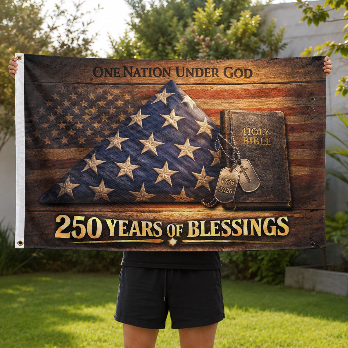 Christian 250 Years America Anniversary Flag, Holy Bible & One Nation Under God 1776-2026 - Double Sided Faith House Banner - Rust Field Wear