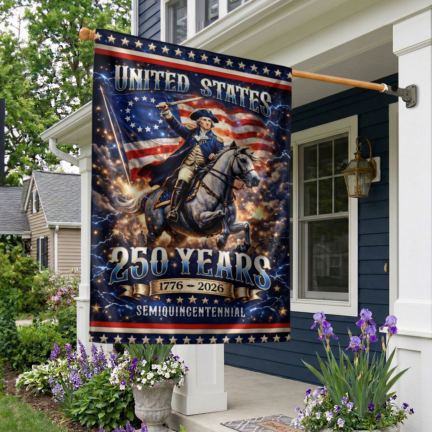 George Washington USA 250th Anniversary 1776–2026 House Flag – American Revolution General on Horse Double Sided Outdoor Decor