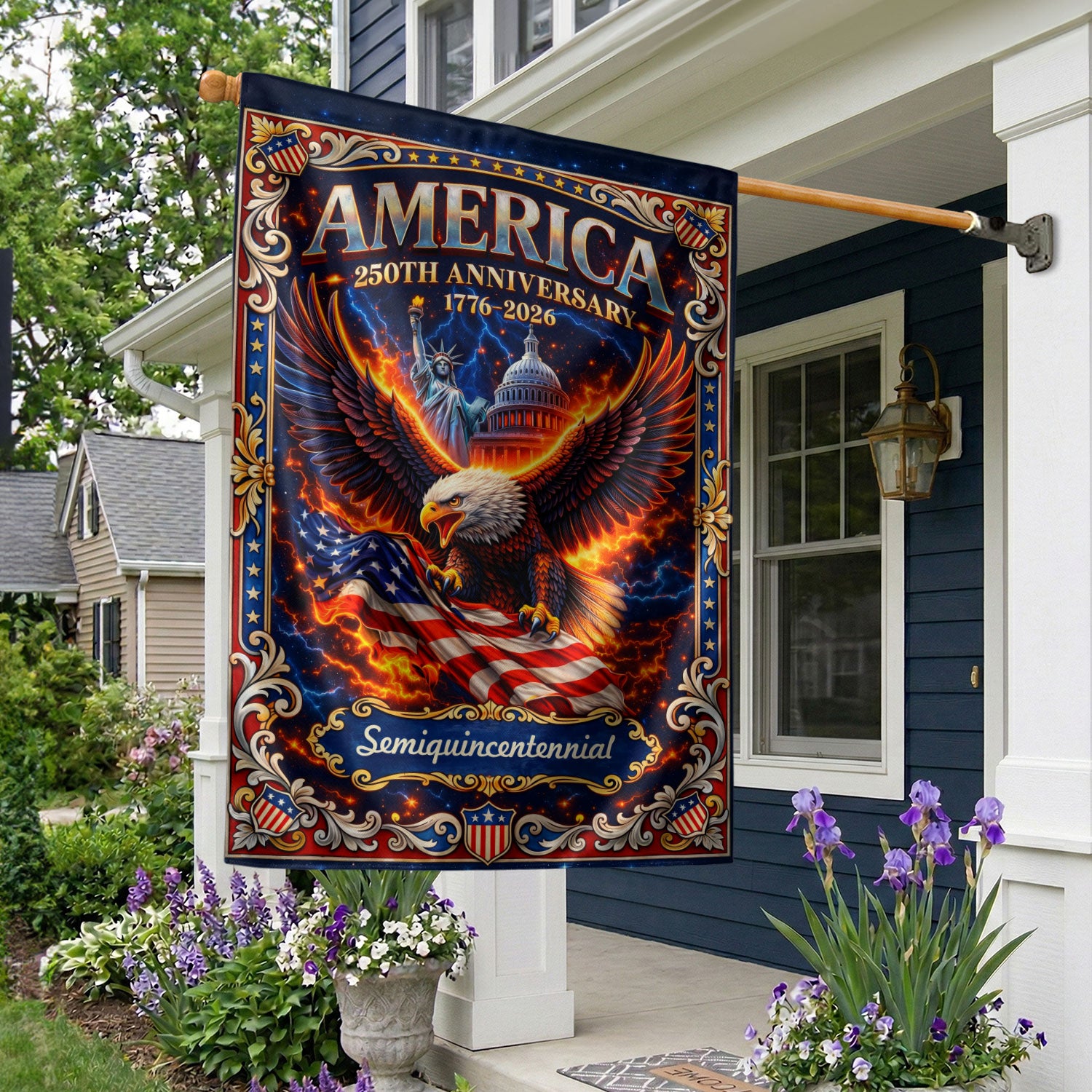 1776–2026 America 250th Anniversary House Flag – Bald Eagle & US Capitol Statue of Liberty Double Sided Banner