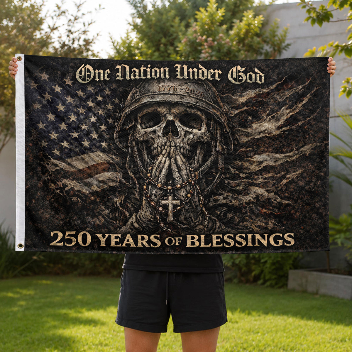 250 Years America Anniversary 1776-2026 Double-Sided Tactical Flag – Spartan Warrior Skull Cross Patriotic House Banner - Rust Field Wear