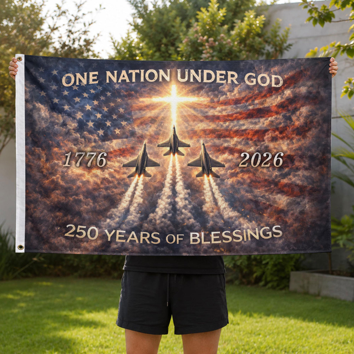 America 250th Anniversary Flag 1776-2026 – One Nation Under God Fighter Jets Cross Double Sided Heavy Banner - Rust Field Wear