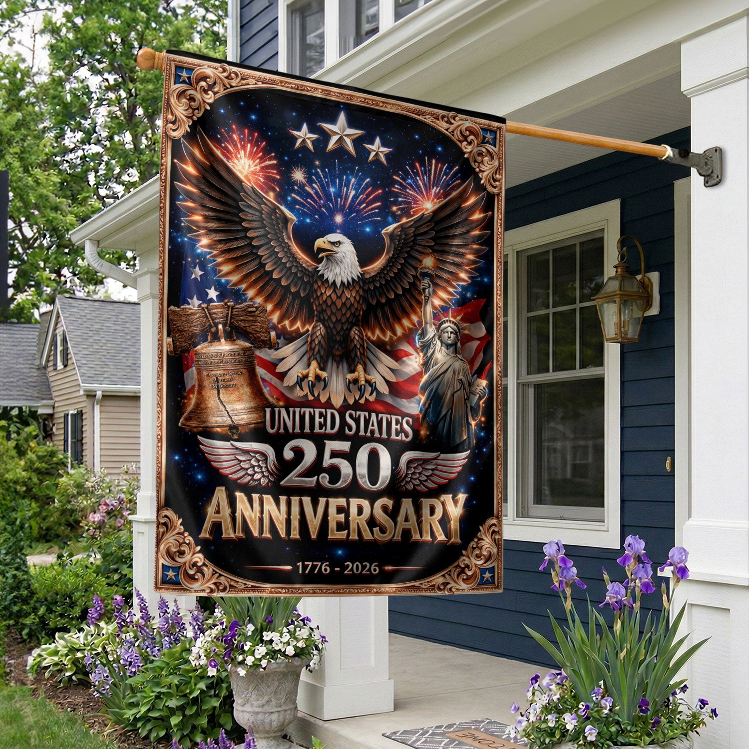 USA 250 Years 1776-2026 Garden Flag – Patriotic Fireworks & Liberty Heritage 250th Anniversary Double Sided Outdoor Decor - Rust Field Wear