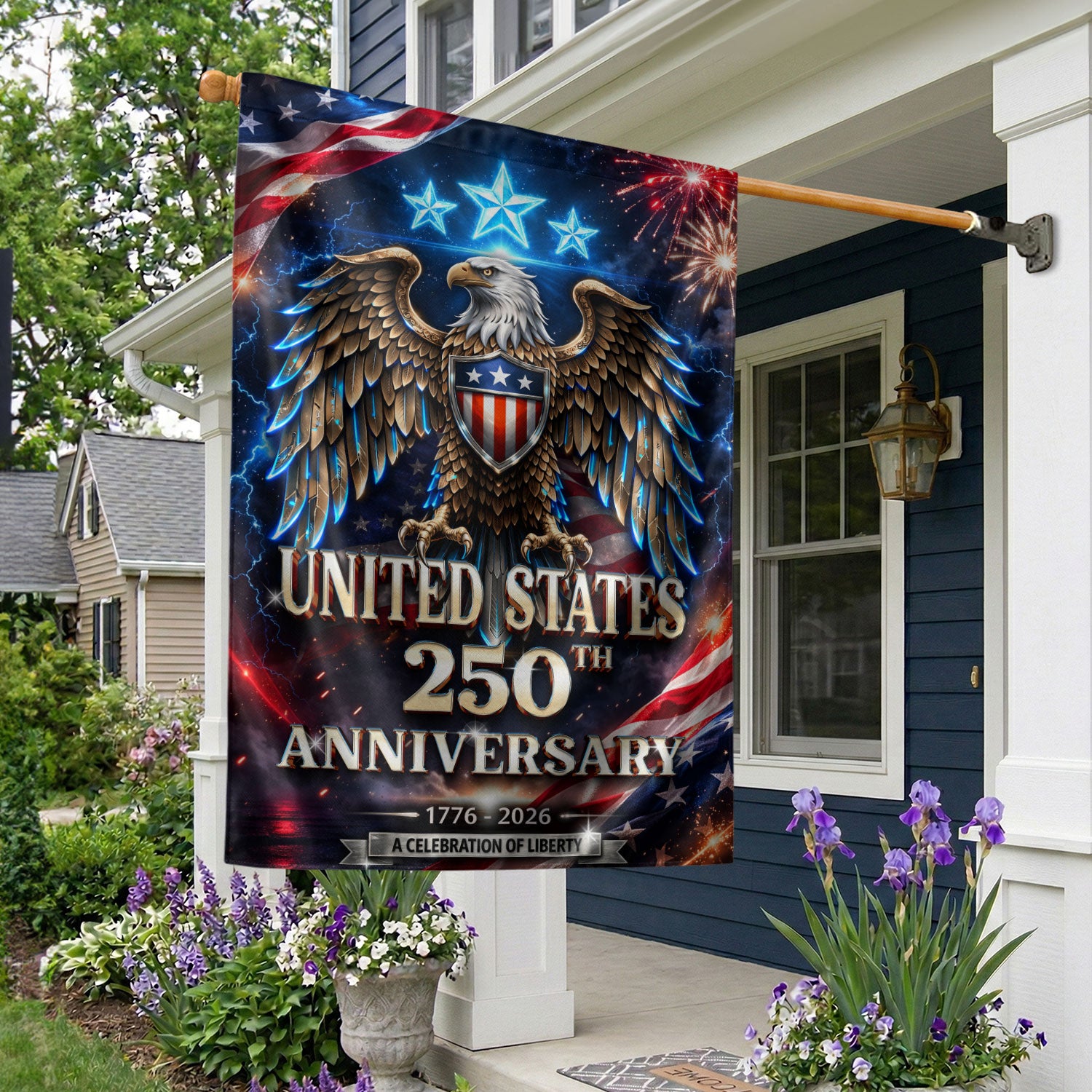 1776–2026 USA 250 Years House Flag – Bald Eagle & Fireworks Double Sided Patriotic Outdoor Banner