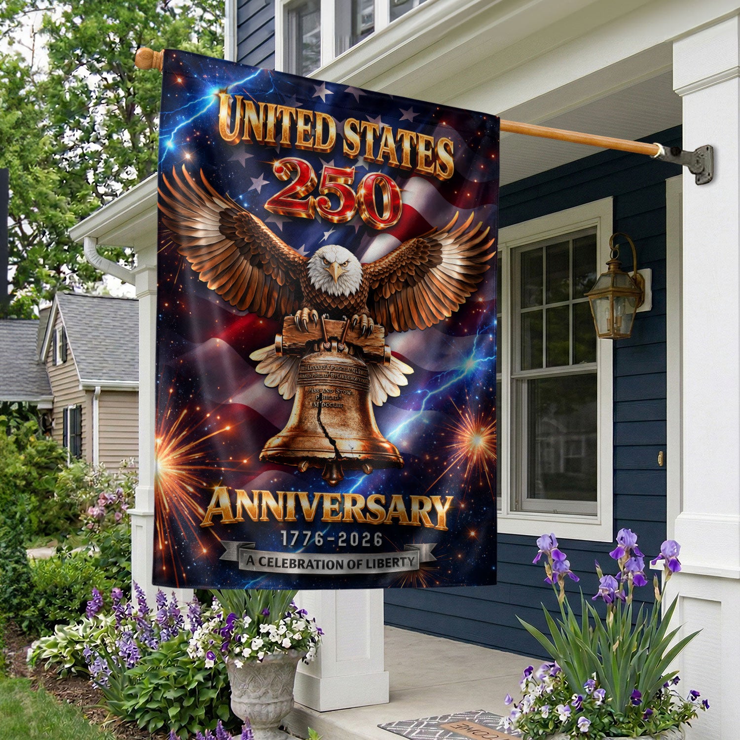 America 250th Anniversary 1776–2026 House Flag – Liberty Bell & Bald Eagle Lightning Fireworks Double Sided Outdoor Banner