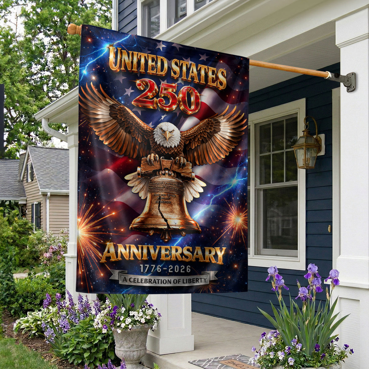 America 250th Anniversary 1776–2026 House Flag – Liberty Bell & Bald Eagle Lightning Fireworks Double Sided Outdoor Banner - Rust Field Wear