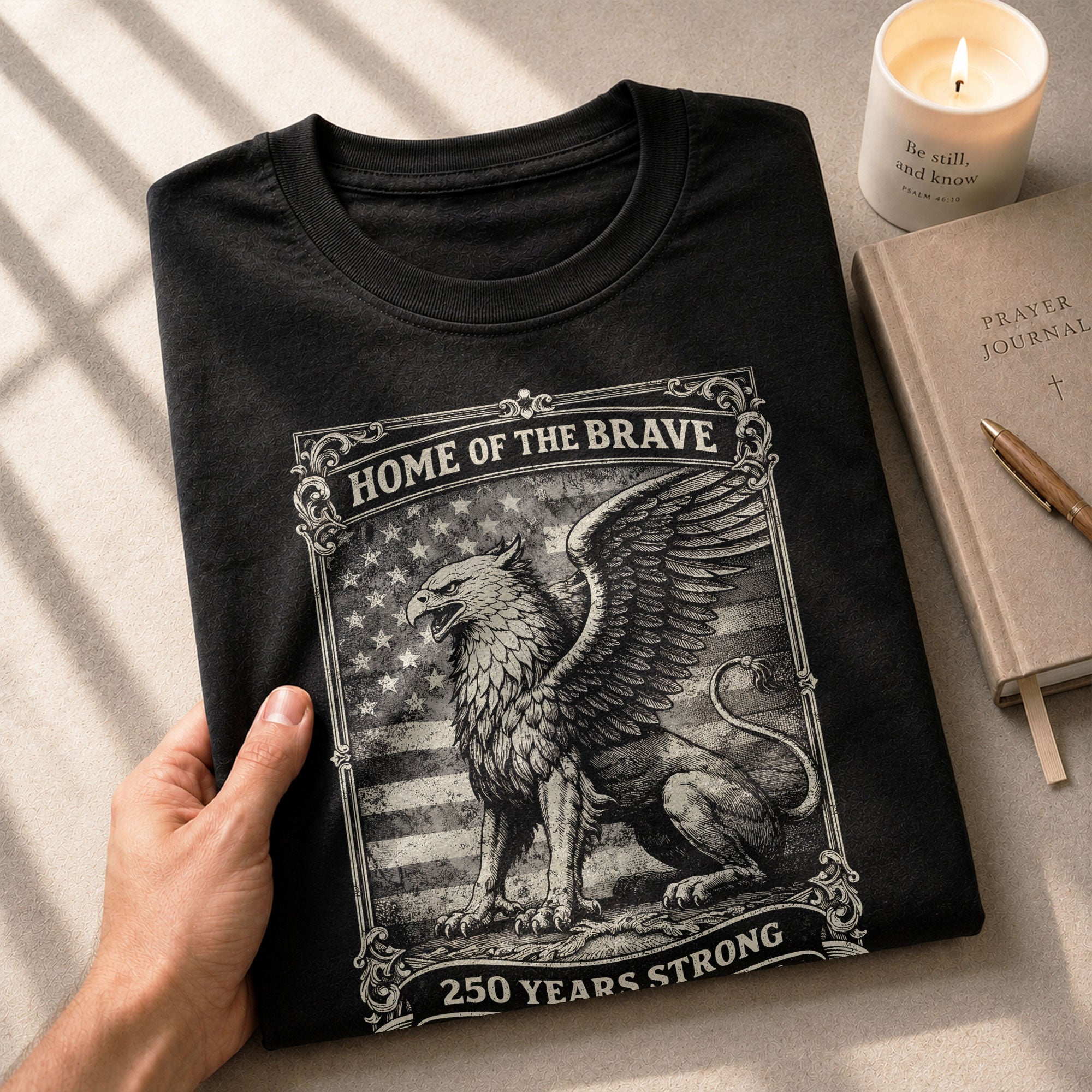 America 250th Anniversary T-Shirt 1776-2026 – Home of the Brave Griffin & Flag Tee - Rust Field Wear