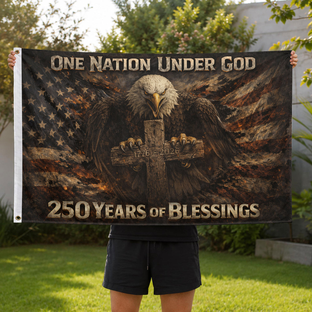 America 250th Anniversary Flag 1776-2026 – One Nation Under God Bald Eagle Cross 250 Years Double-Sided Banner - Rust Field Wear