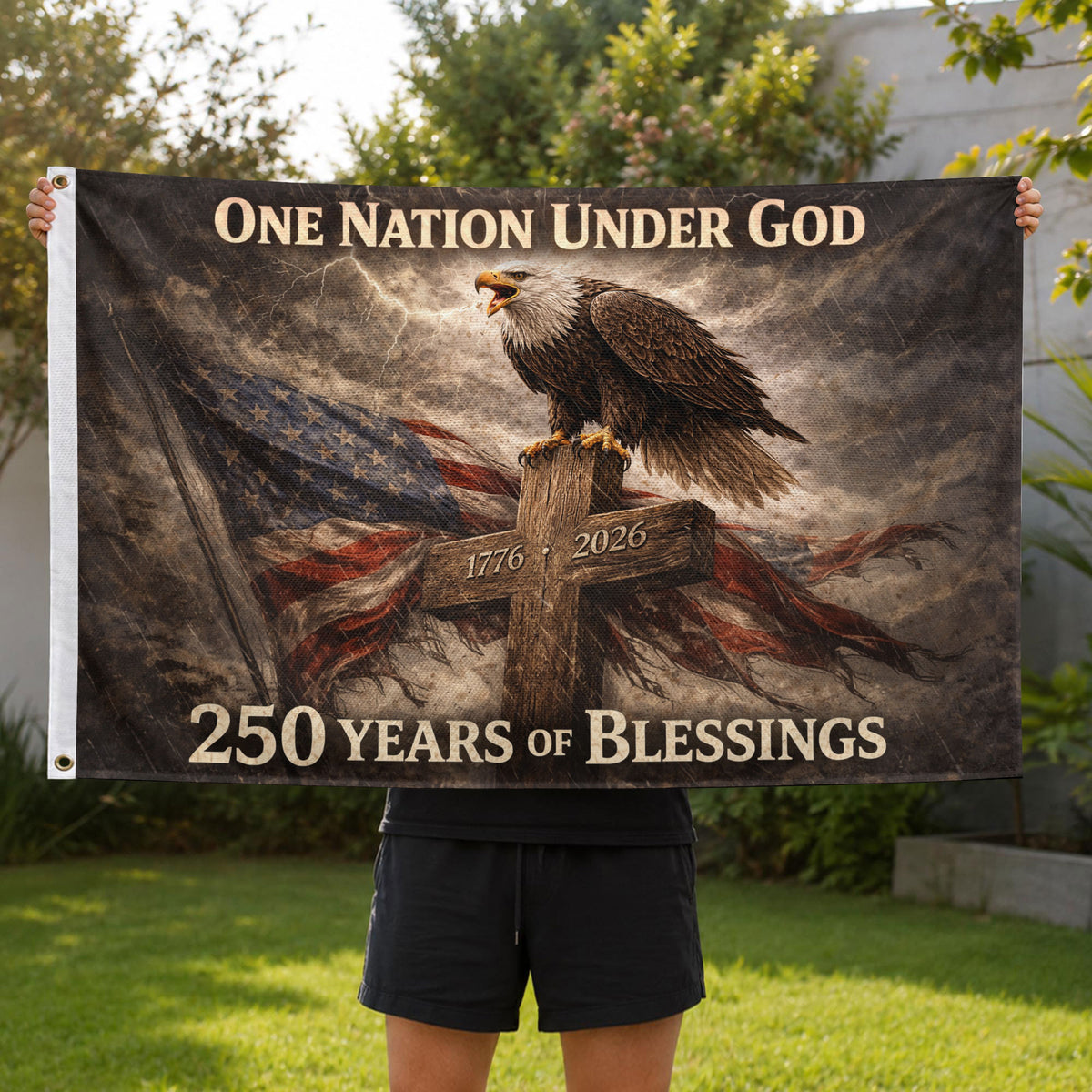 USA 250th Anniversary Flag 1776-2026 – One Nation Under God 250 Years of Blessings Eagle Cross Double-Sided House Flag - Rust Field Wear