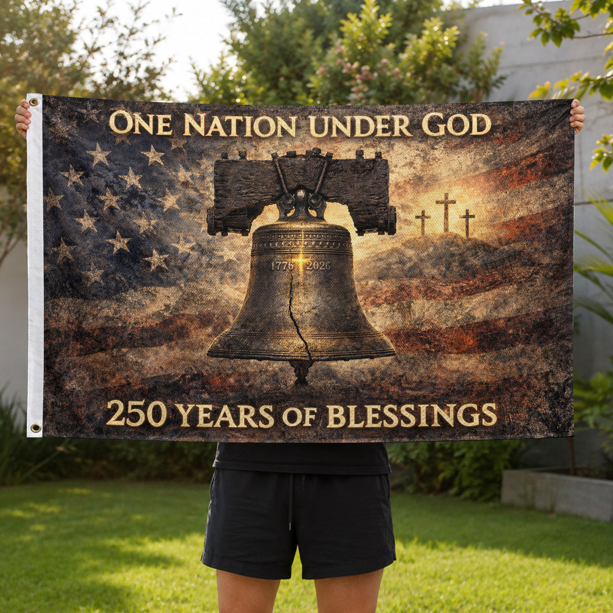 USA 250th Anniversary Flag 1776-2026 – Liberty Bell & Cross 250 Years of Blessings One Nation Under God Banner - Rust Field Wear